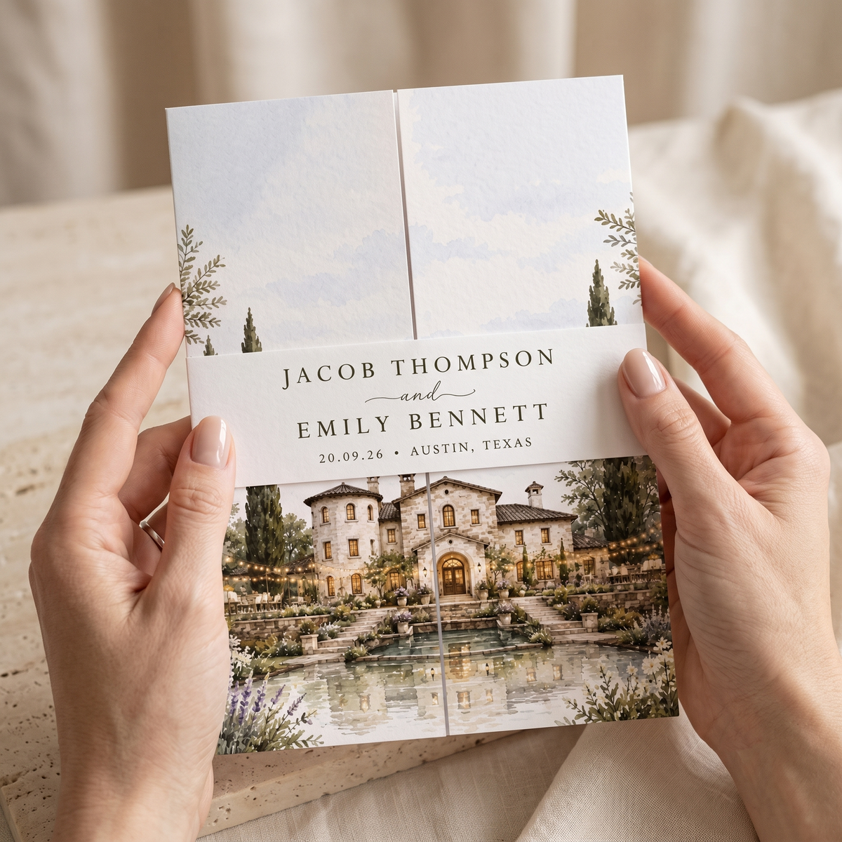 Personalized Mediterranean Wedding Invitations, Luxury Villa Wedding Invitation Suite, Watercolor Venue Illustration, Custom RSVP & Details Card