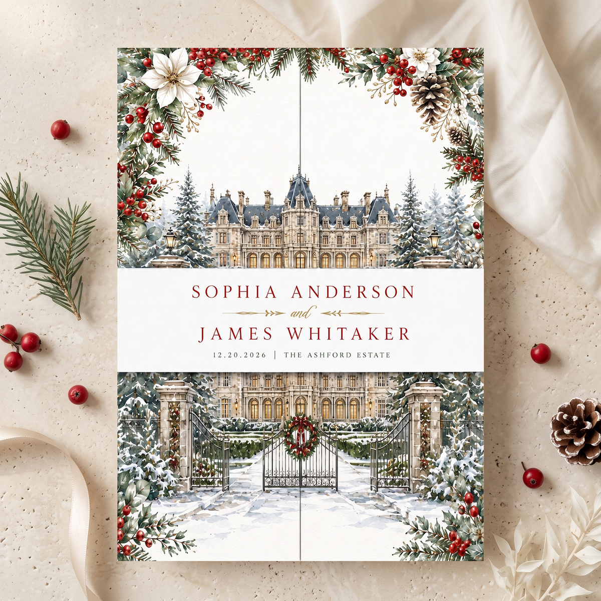 Christmas Wedding Invitation Suite, Winter Wedding Invitations, Snowy Chateau Wedding, Holiday Floral Wedding Invite, Personalized Wedding Stationery