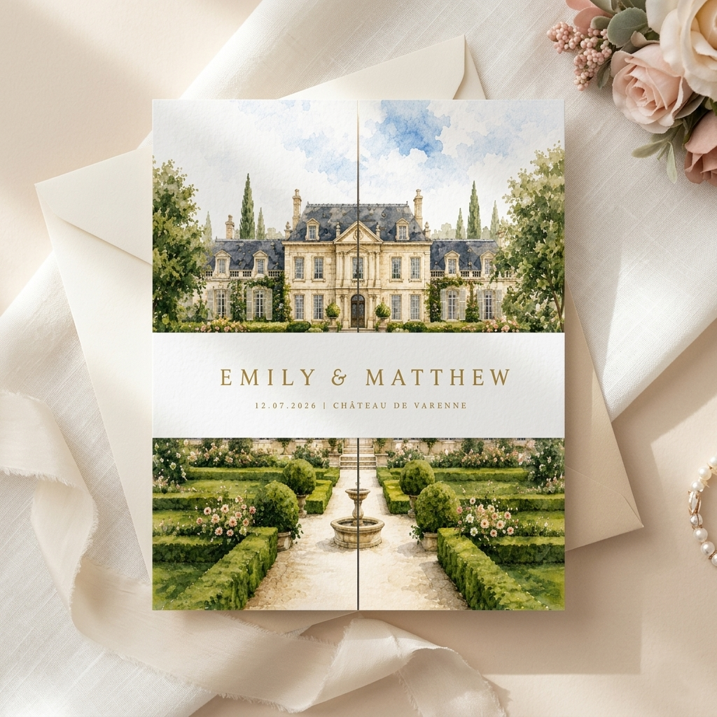 Personalized Wedding Invitation, Custom Watercolor Wedding Venue Illustration, Luxury Floral Wedding Invitation Suite