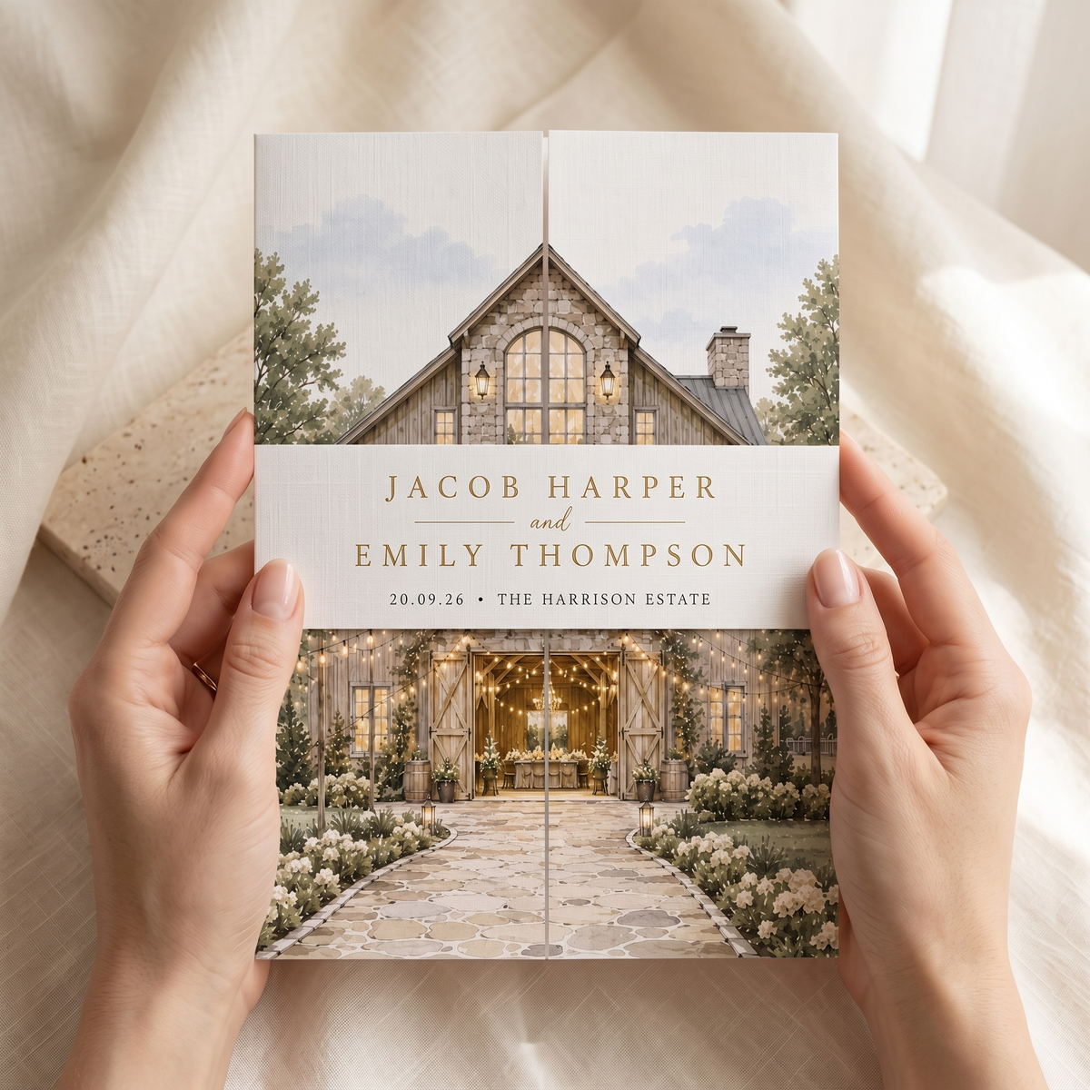 Personalized Rustic Barn Wedding Invitations, Watercolor Venue Illustration, Elegant Farmhouse Wedding Invitation Suite, Custom RSVP & Details Card