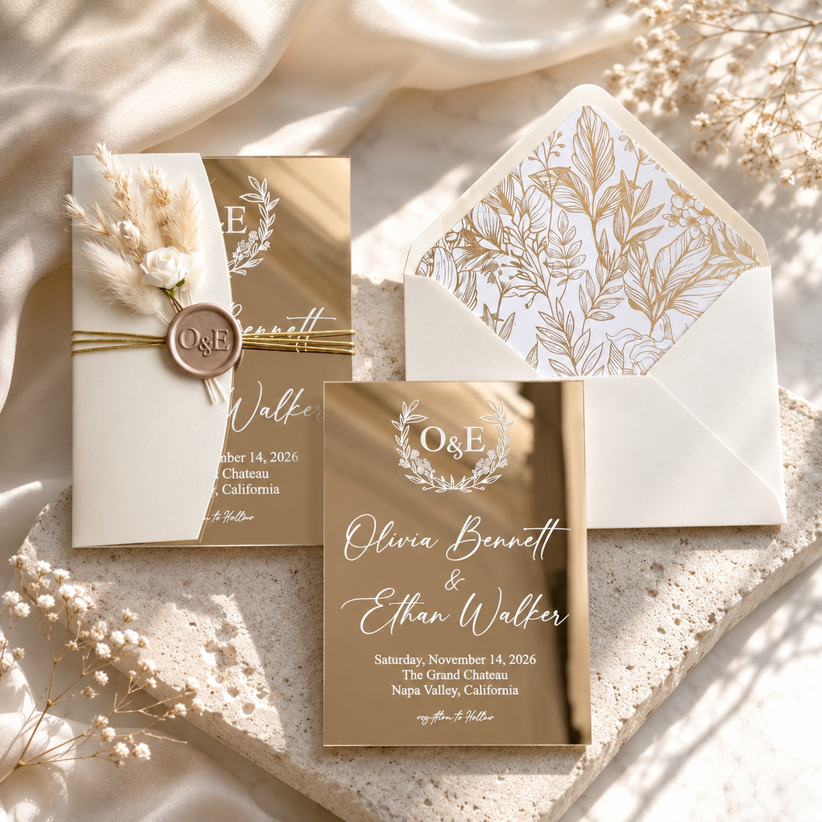 Luxury Gold Mirror Acrylic Wedding Invitation, Personalized Wedding Invite Suite with QR RSVP Card, Details Card & Envelope
