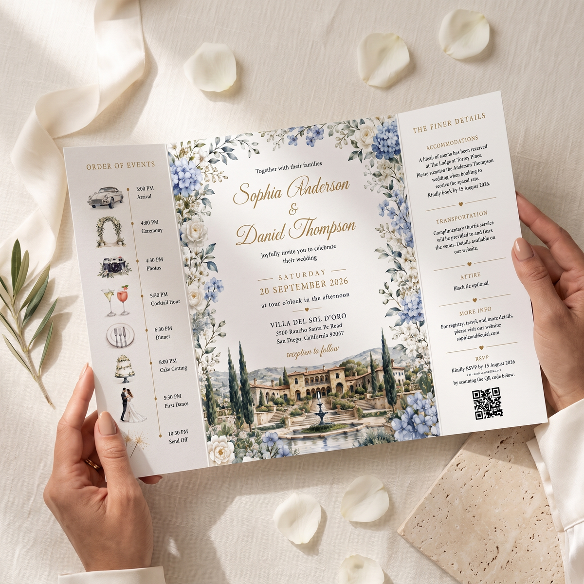 Personalized Villa Wedding Invitation Suite | Luxury Floral Wedding Invitations with Custom Venue Illustration & RSVP