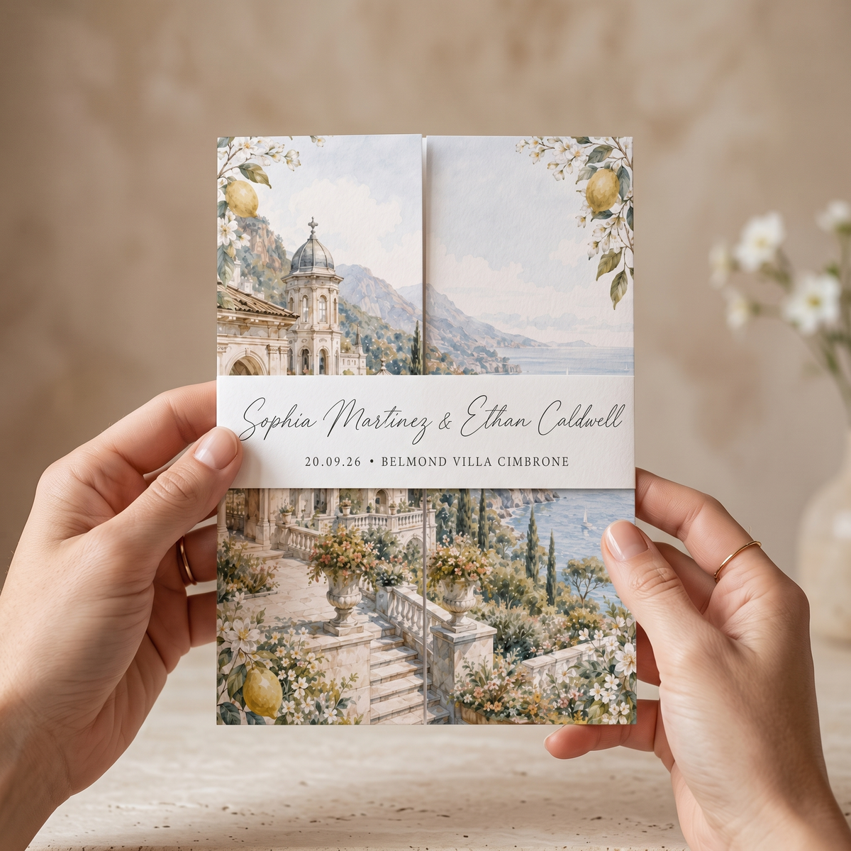 Amalfi Coast Lemon Wedding Invitations, Italian Riviera Destination Wedding Invitation Suite, Watercolor Villa Wedding Invite, Personalized