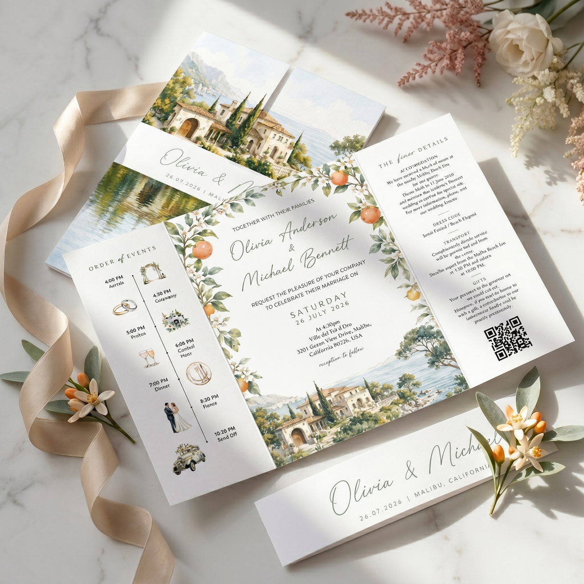 Elegant Personalized Wedding Invitation Suite | Luxury Wedding Stationery with Custom Watercolor Venue Illustration