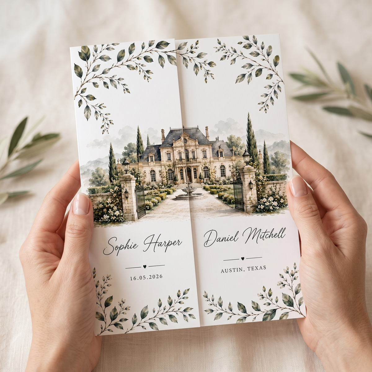 Personalized Estate Wedding Invitation, Custom Venue Watercolor Wedding Suite, Luxury Garden Wedding Invitations