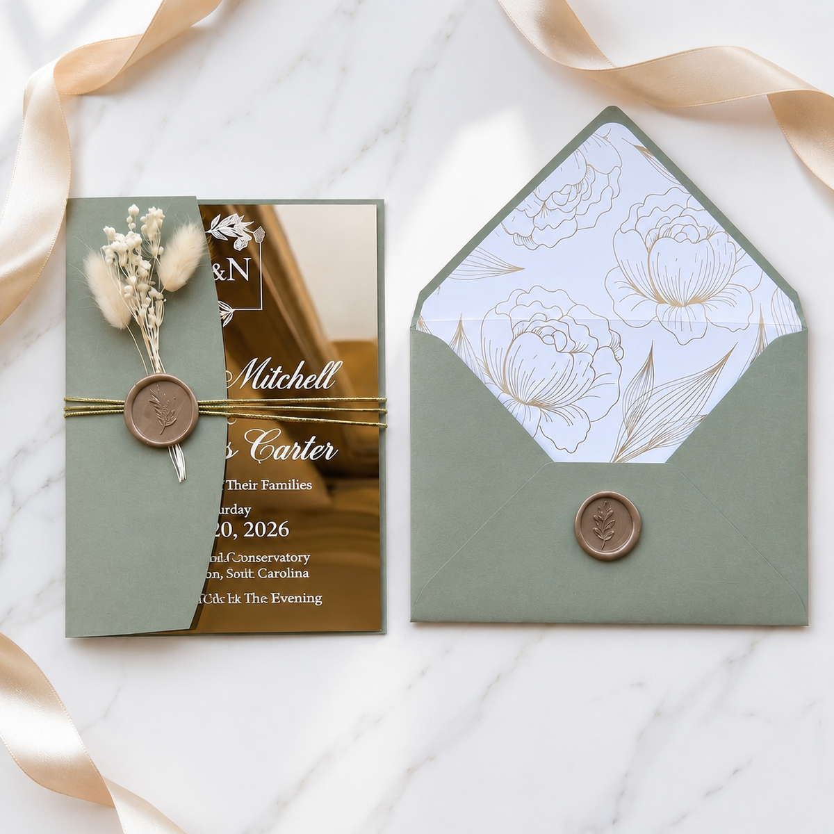 Luxury Gold Acrylic Wedding Invitation, Personalized Wedding Invite with Sage Green Envelope, QR RSVP Card & Wedding Details Card