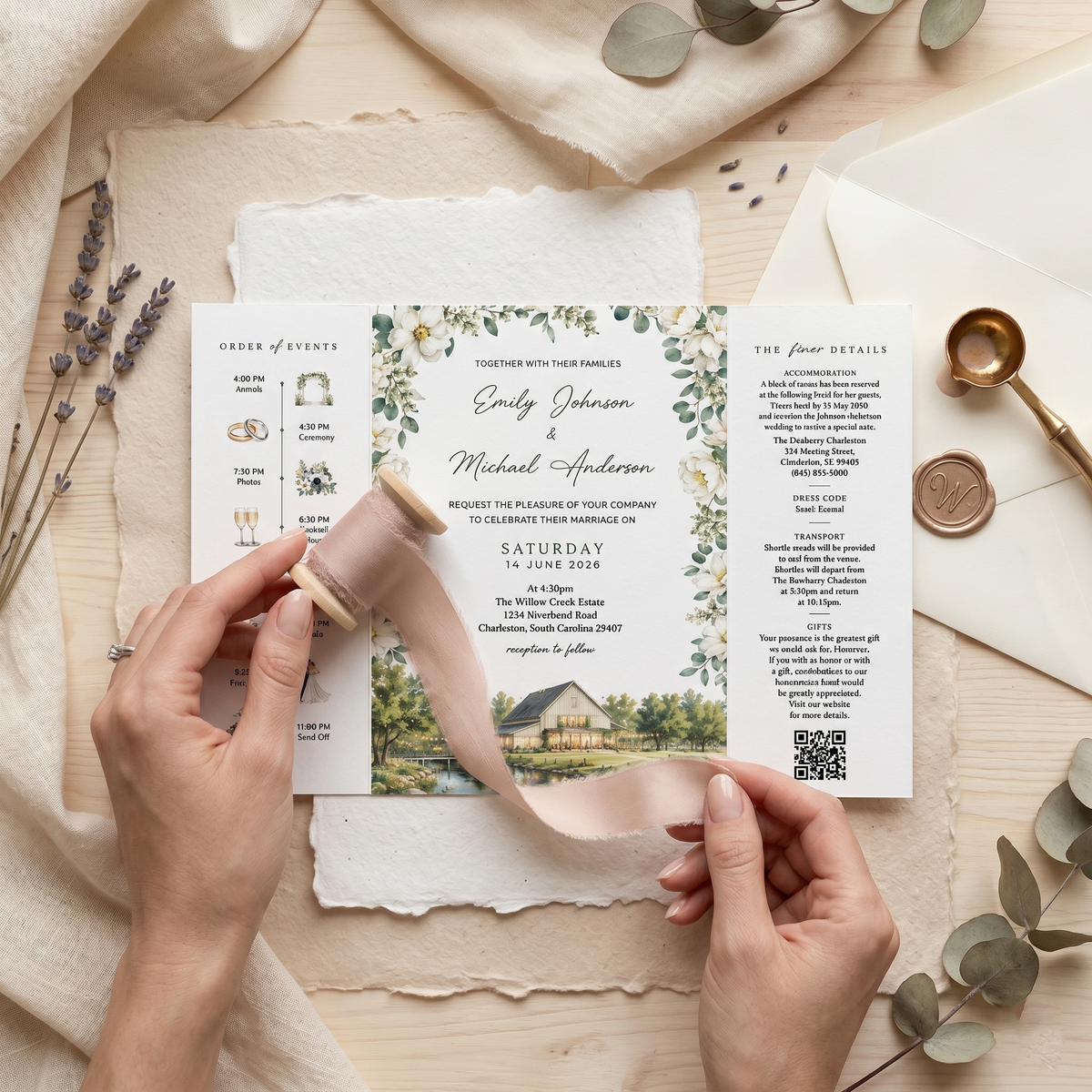Custom Wedding Invitation Suite with Venue Illustration | Personalized Romantic Wedding Invitations & Details Card