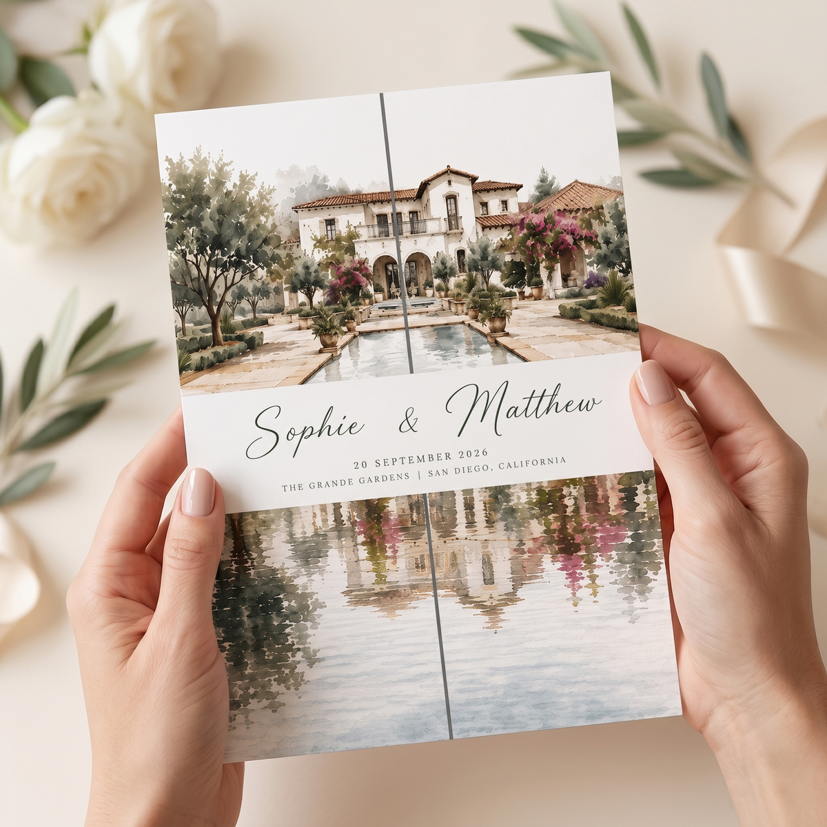 Custom Garden Wedding Invitations, Watercolor Venue Illustration, Floral Wedding Invitation Suite, Personalized Luxury Wedding Stationery
