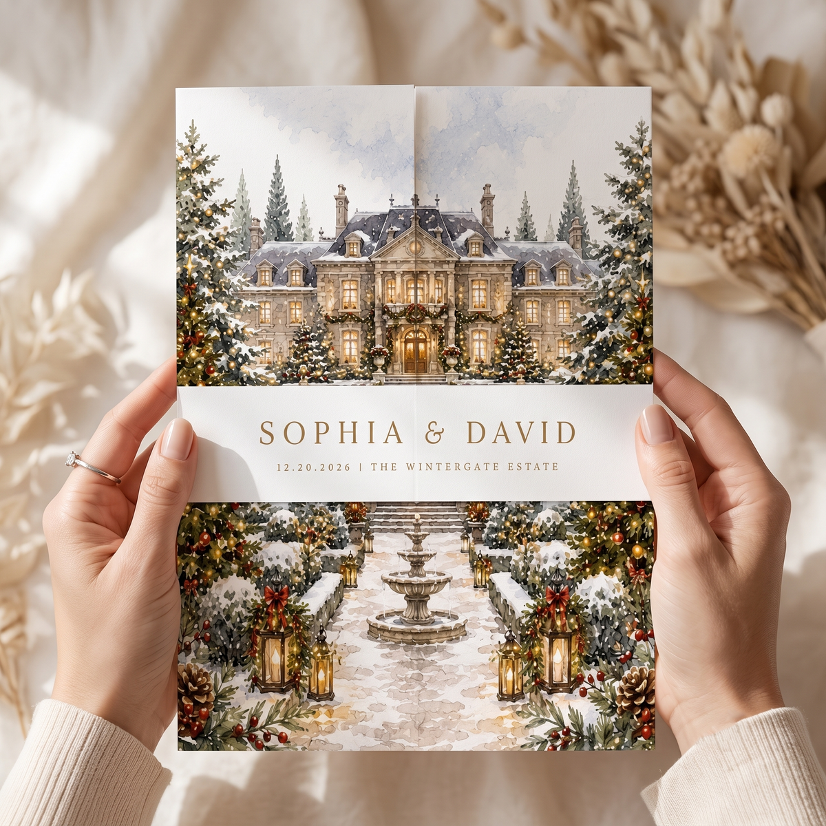 Christmas Wedding Invitations, Elegant Winter Wedding Invitation Suite, Personalized Holiday Wedding Invites, Snowy Estate Wedding Stationery