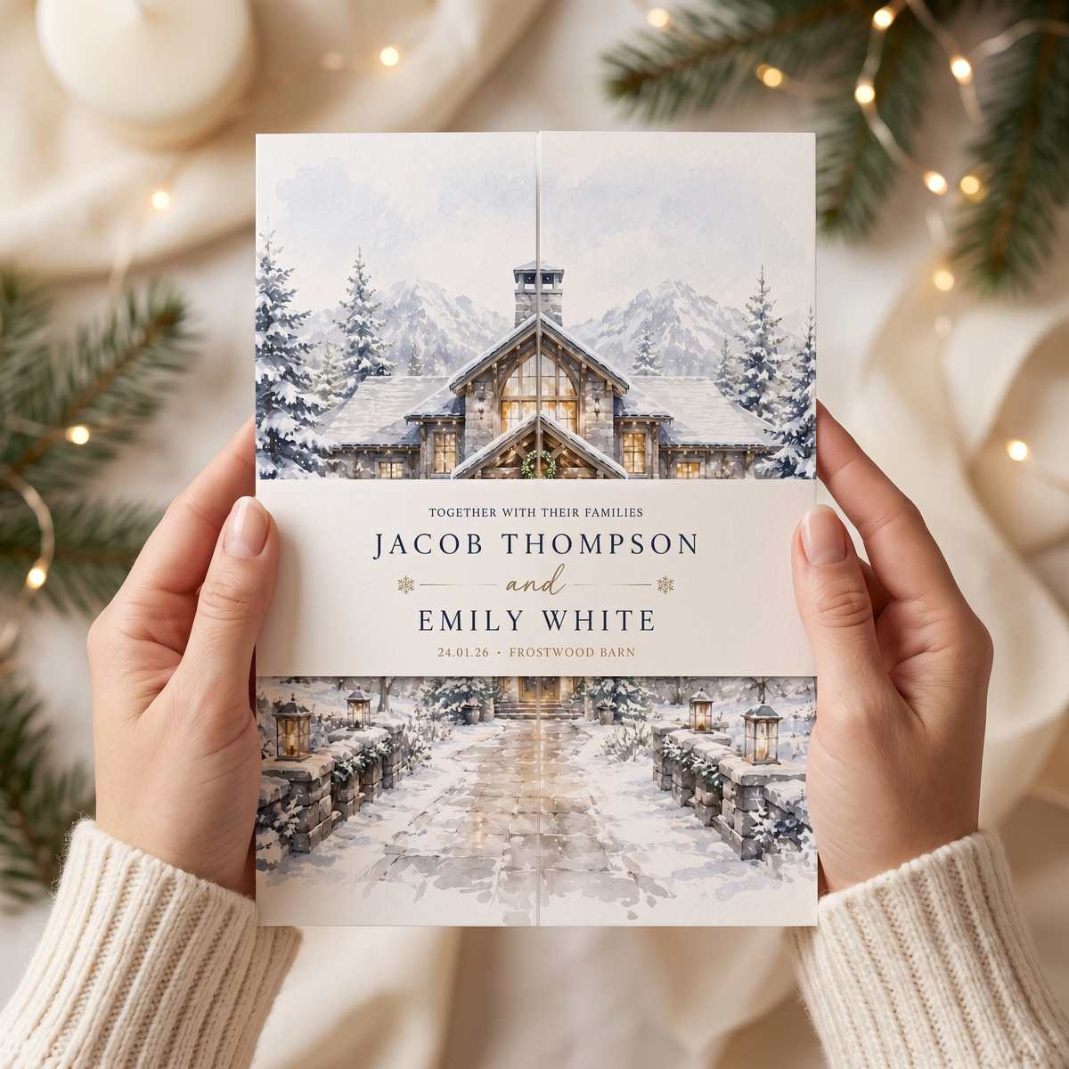 Custom Winter Wedding Invitations, Snowy Mountain Venue Illustration, Personalized Winter Wedding Invitation Suite, Luxury Stationery