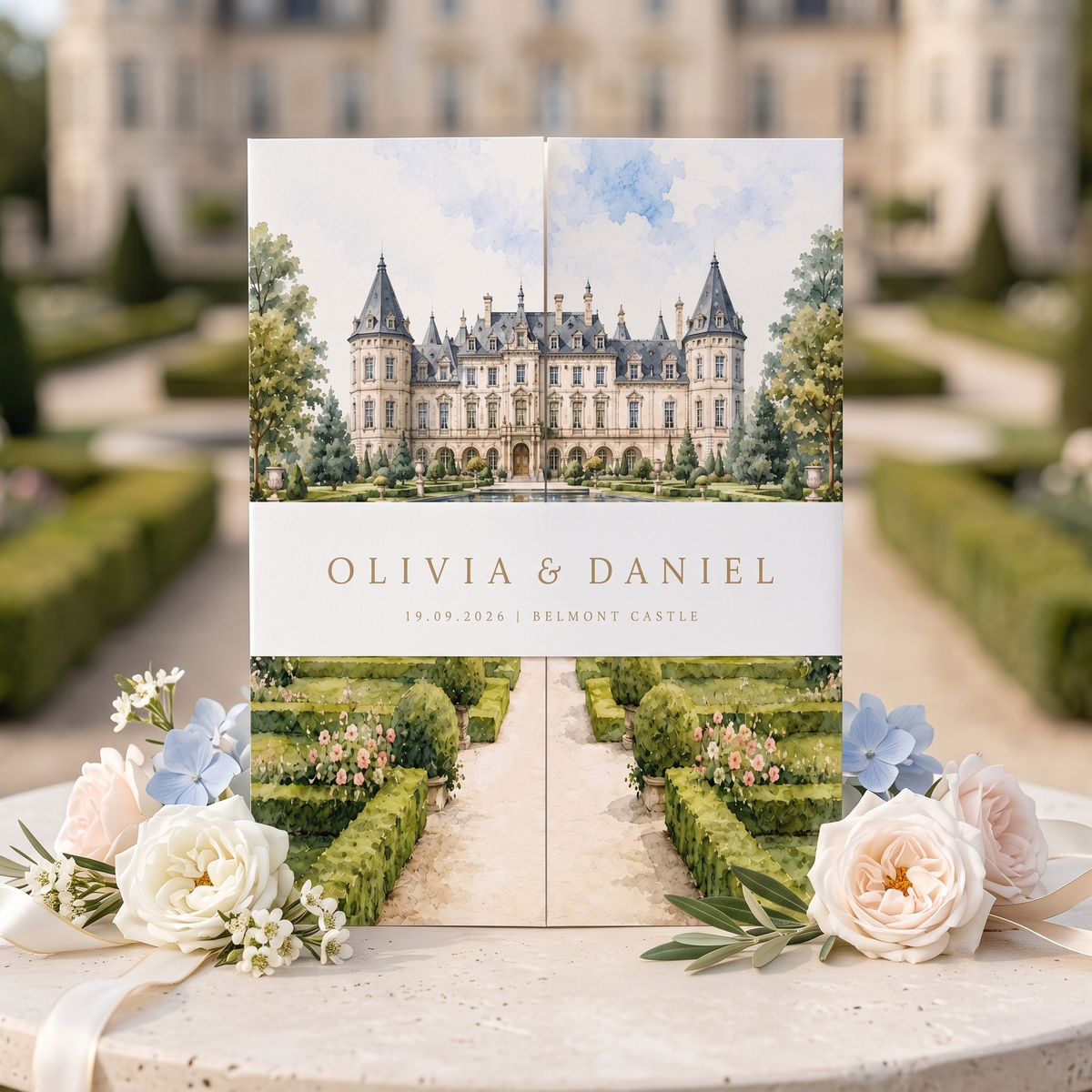 Personalized Castle Wedding Invitation Suite, Luxury Floral Wedding Invitations, Custom Venue Illustration, RSVP & QR Code