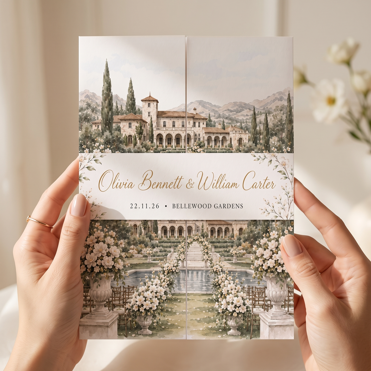 Custom Garden Wedding Invitations, Watercolor Venue Illustration, Elegant Floral Wedding Invitation Suite, Personalized Luxury Stationery