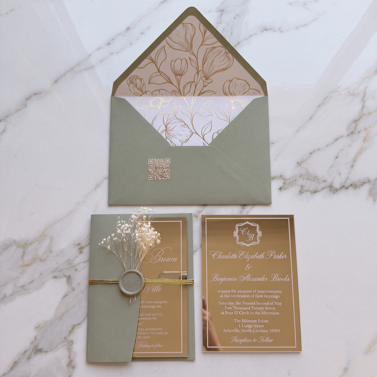 Luxury Gold Mirror Acrylic Wedding Invitations Suite, Sage Green Wedding Invites, Personalized RSVP & Details Cards, Quinceanera Invitation Set