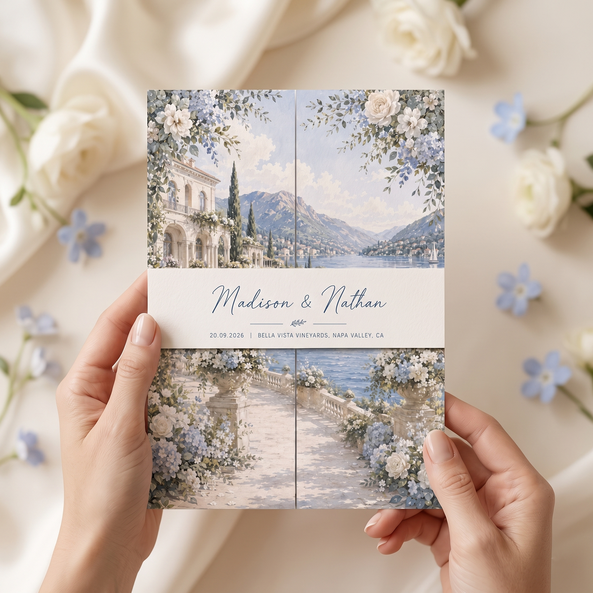 Luxury Blue Floral Wedding Invitation Suite, Personalized Destination Wedding Invitations, Custom Lake Wedding Stationery