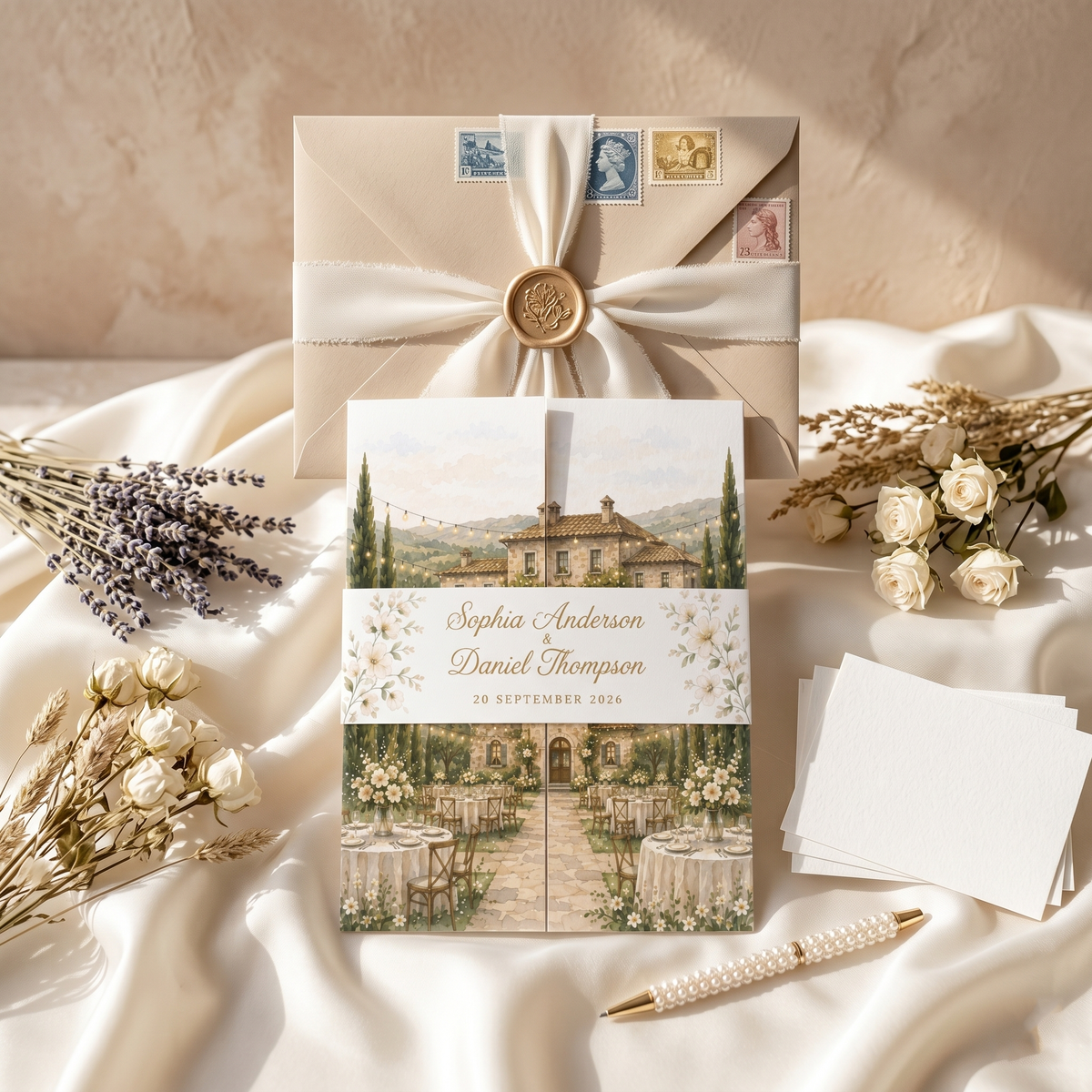 Personalized Wedding Invitation, Custom Watercolor Venue Illustration, Floral Wedding Invitation Suite