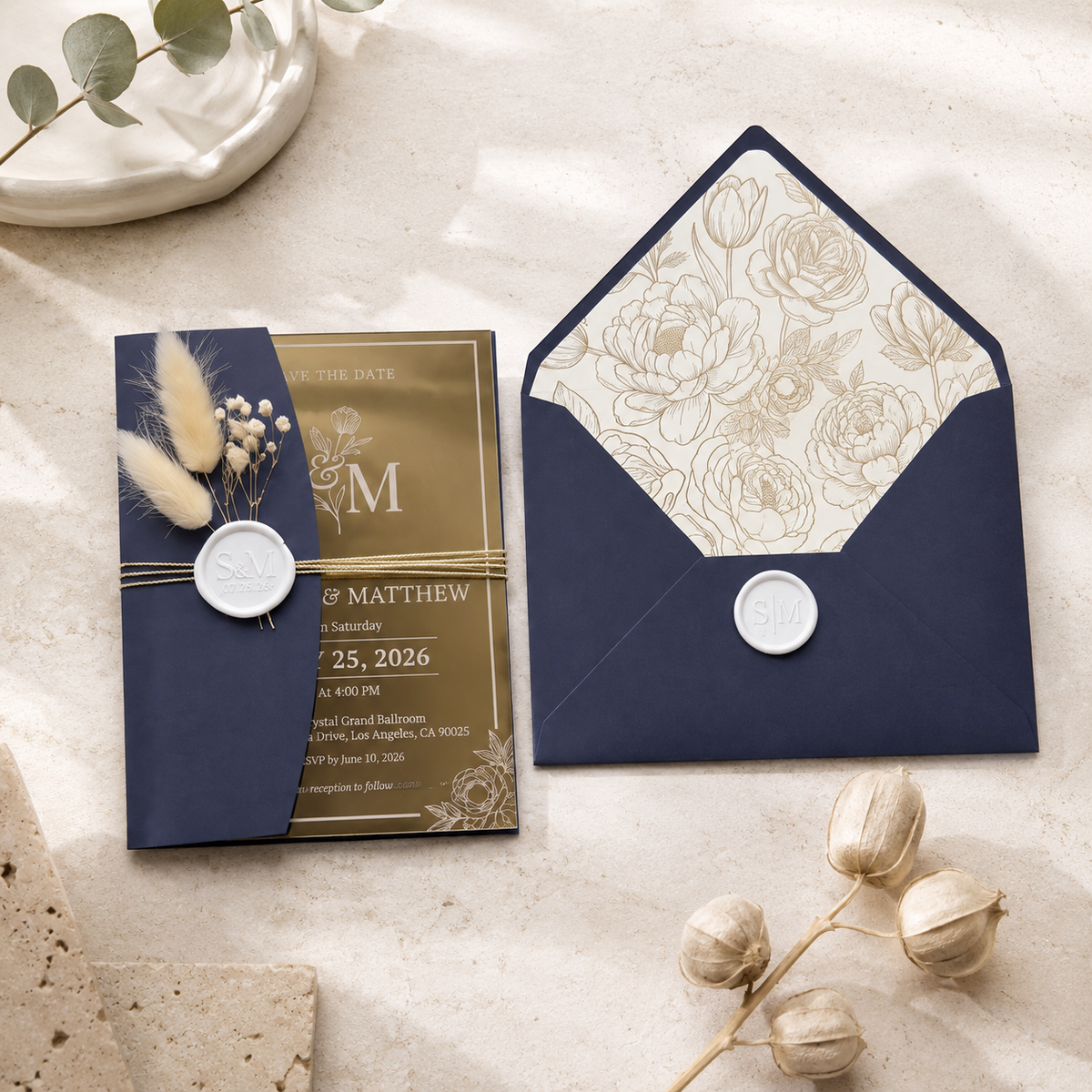 2mm Gold Mirror Acrylic Wedding Invitation Suite, Elegant Personalized Wedding Invite with Navy Blue Envelope, RSVP & QR Code Card
