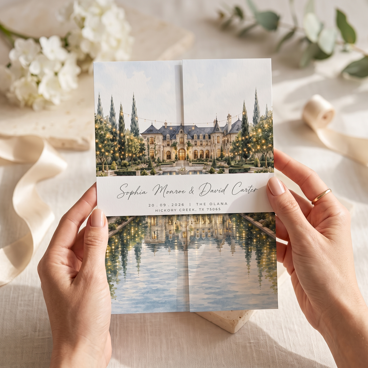 Custom Estate Wedding Invitations, Watercolor Venue Illustration, Elegant Floral Wedding Invitation Suite, Personalized Luxury Stationery