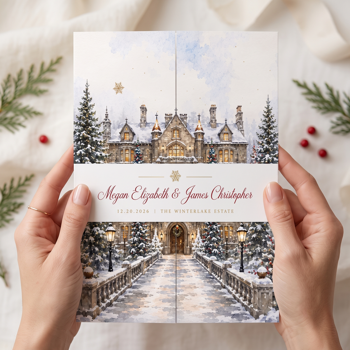 Winter Wedding Invitations, Elegant Christmas Wedding Invitation Suite, Watercolor Winter Castle, Personalized Holiday Wedding Invites