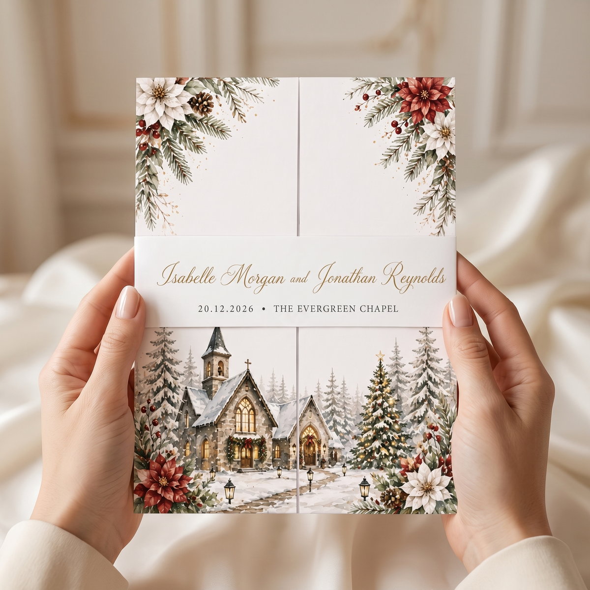 Custom Christmas Wedding Invitations, Winter Church Venue Illustration, Holiday Wedding Invitation Suite, Personalized Luxury Stationery