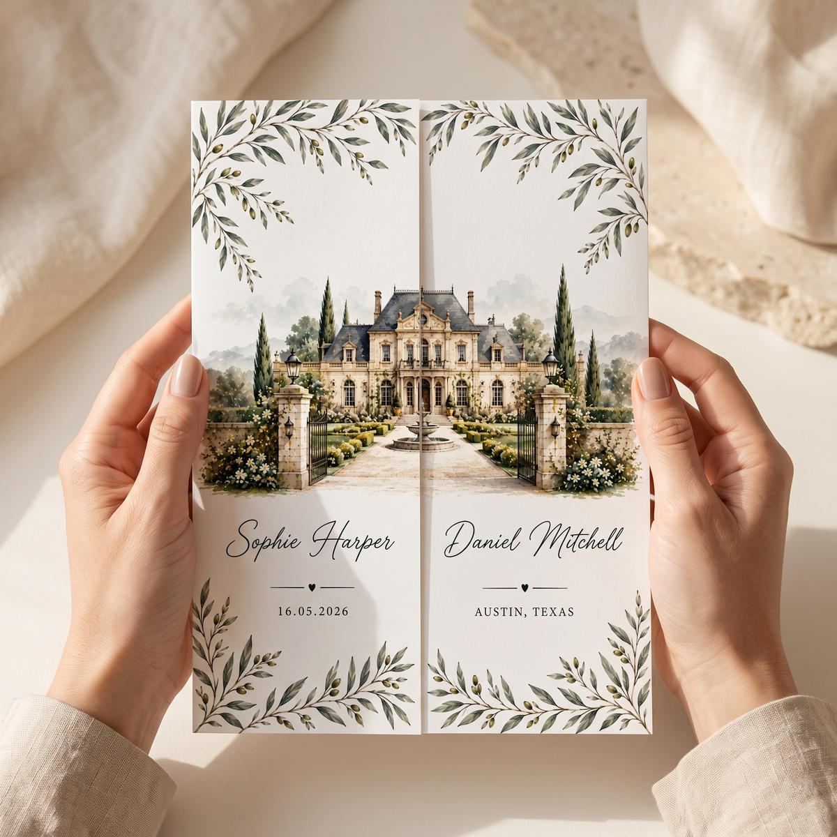 Custom Watercolor Wedding Invitations, Personalized Estate Venue Wedding Suite, Luxury Botanical Garden Wedding Stationery