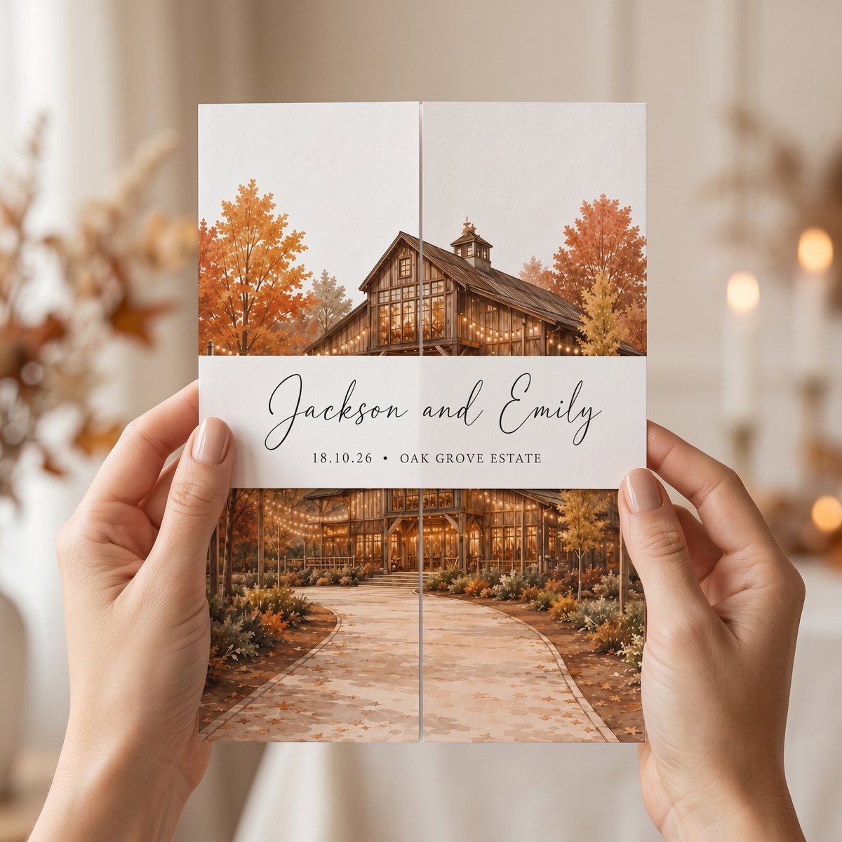Custom Autumn Wedding Invitations, Watercolor Venue Illustration, Fall Wedding Invitation Suite, Personalized Luxury Wedding Stationery
