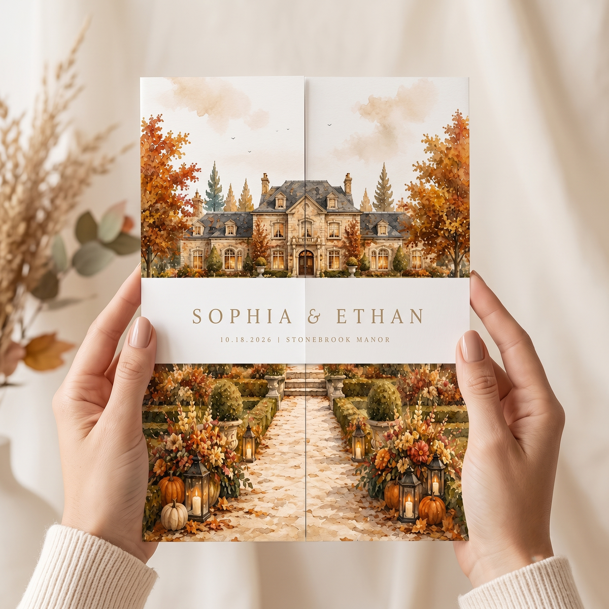 Fall Wedding Invitations, Rustic Autumn Wedding Invitation Suite, Personalized Floral Wedding Invites, Elegant Pumpkin Wedding Stationery
