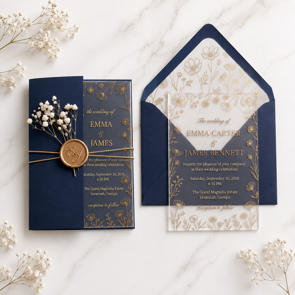 Luxury Clear Acrylic Wedding Invitation Suite, Personalized Gold Floral Wedding Invite with Navy Blue Envelope, RSVP & QR Code Card