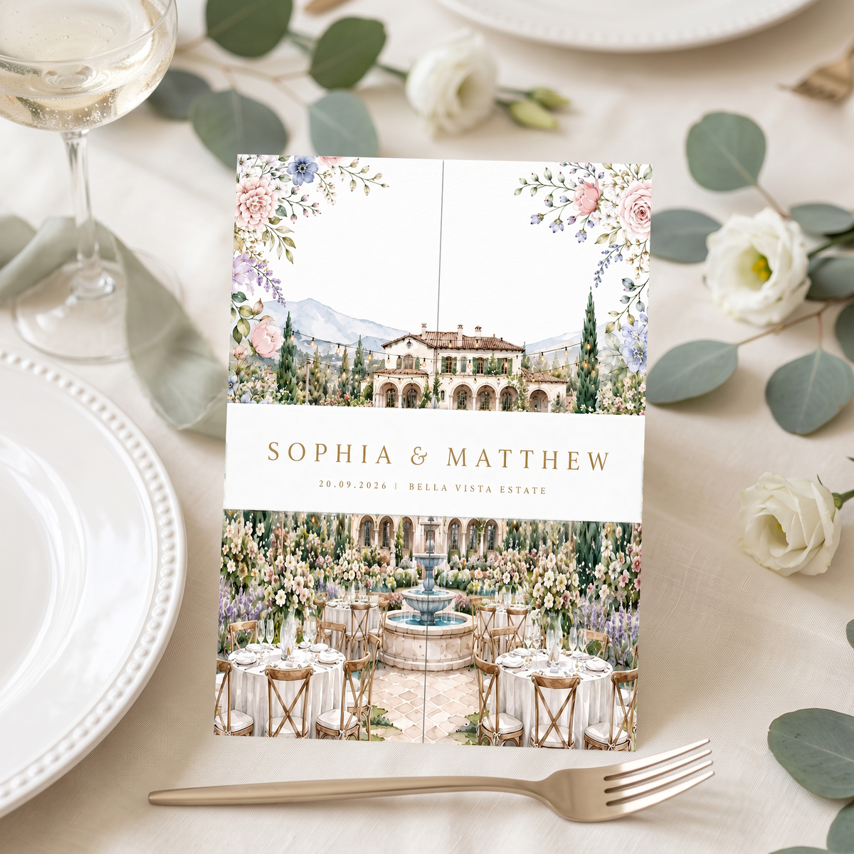 Watercolor Villa Wedding Invitations, Elegant Garden Wedding Invitation Suite, Personalized Floral Wedding Invites, Luxury Destination Wedding