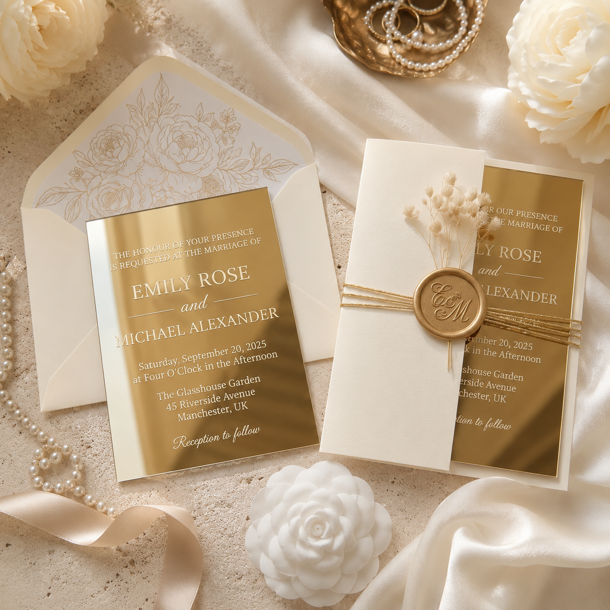 Gold Mirror Acrylic Wedding Invitation Suite, Personalized Wedding Invitations with RSVP QR Code, Luxury Gold Wedding Stationery, Details & RSVP Cards
