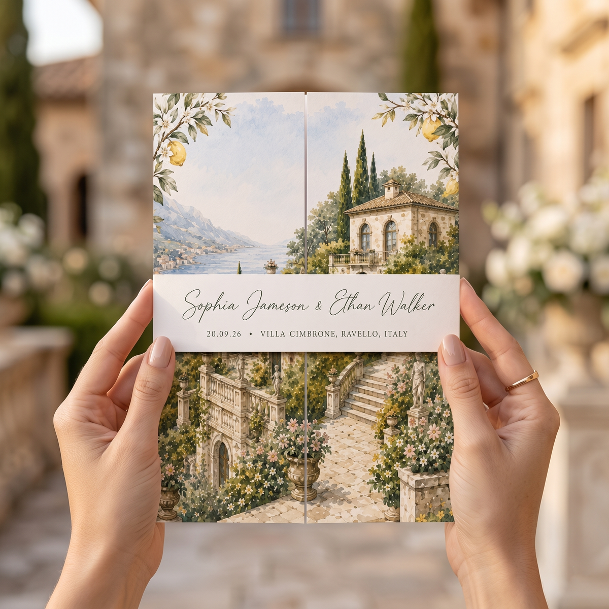 Custom Italian Wedding Invitations, Amalfi Coast Venue Illustration, Lemon Floral Wedding Invitation Suite, Luxury Personalized Stationery