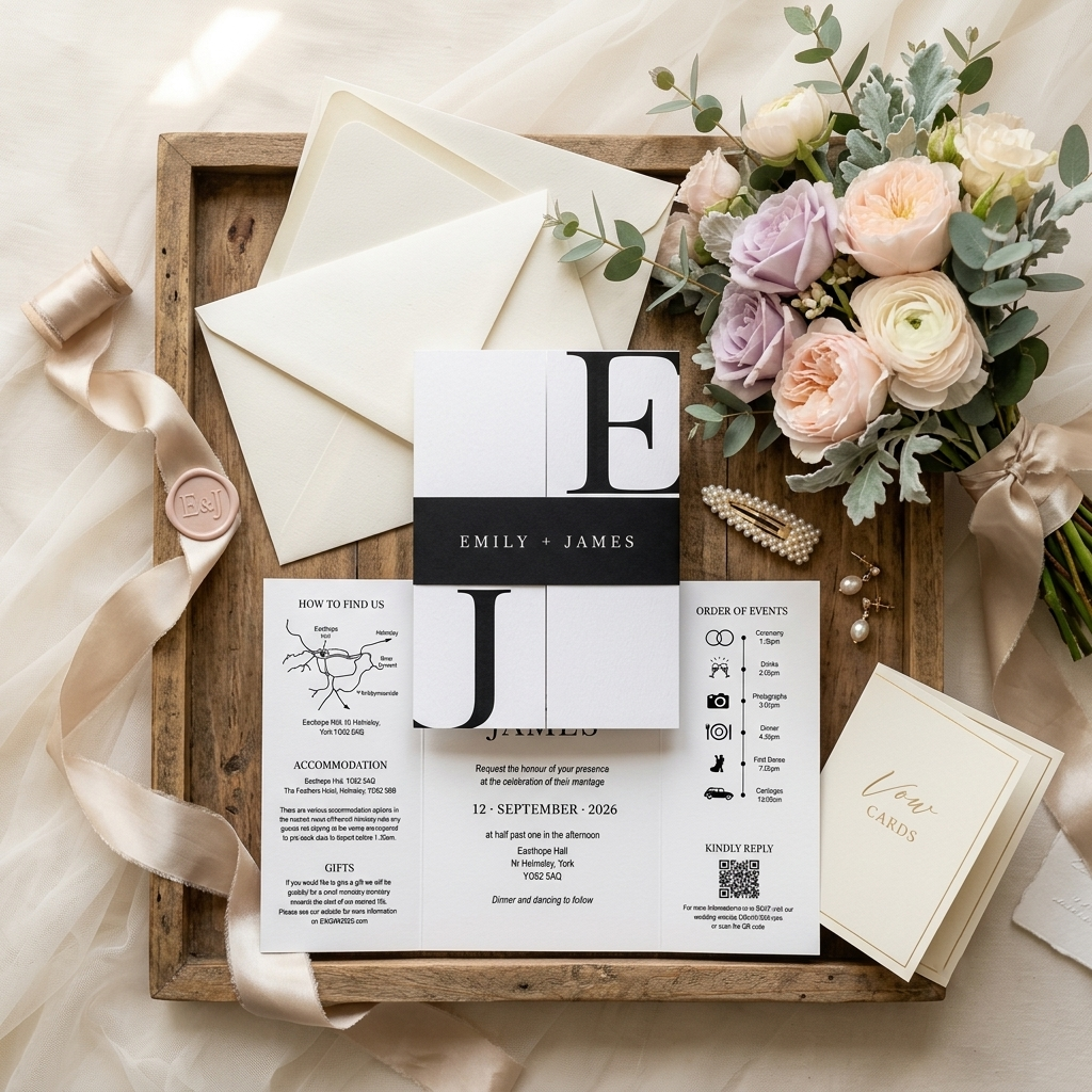 Modern Black and White Wedding Invitation, Personalized Monogram Invitation Suite with RSVP Card