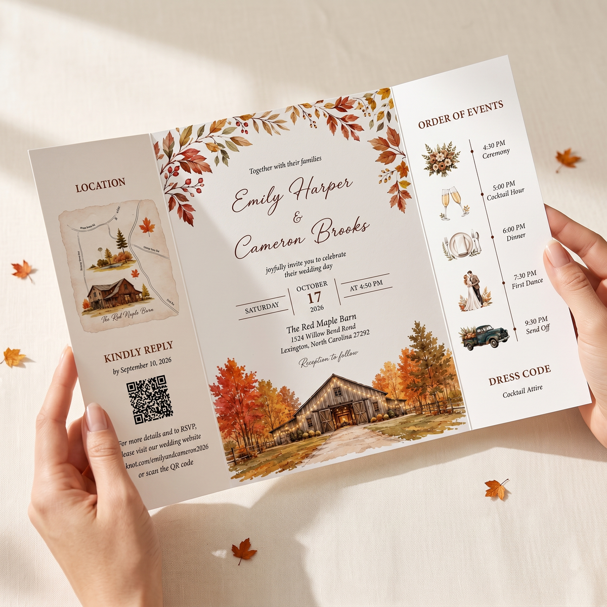 Custom Fall Wedding Invitation Suite, Personalized Barn Venue Watercolor Invitations, Rustic Autumn Wedding Stationery