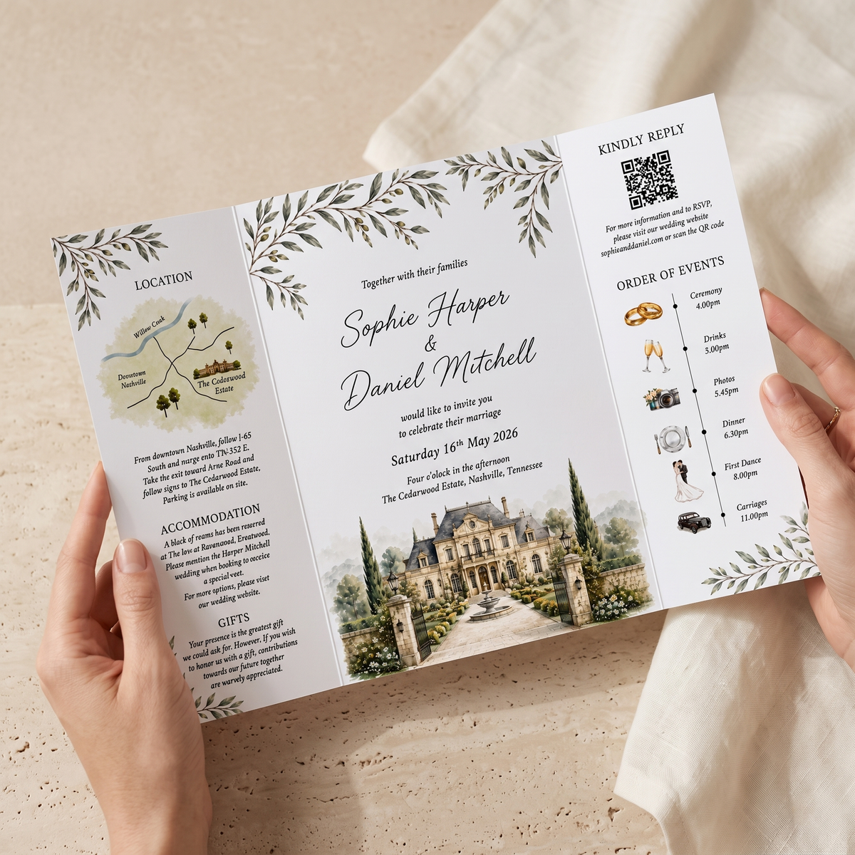 Custom Watercolor Wedding Invitations, Personalized Estate Venue Wedding Suite, Luxury Botanical Garden Wedding Stationery