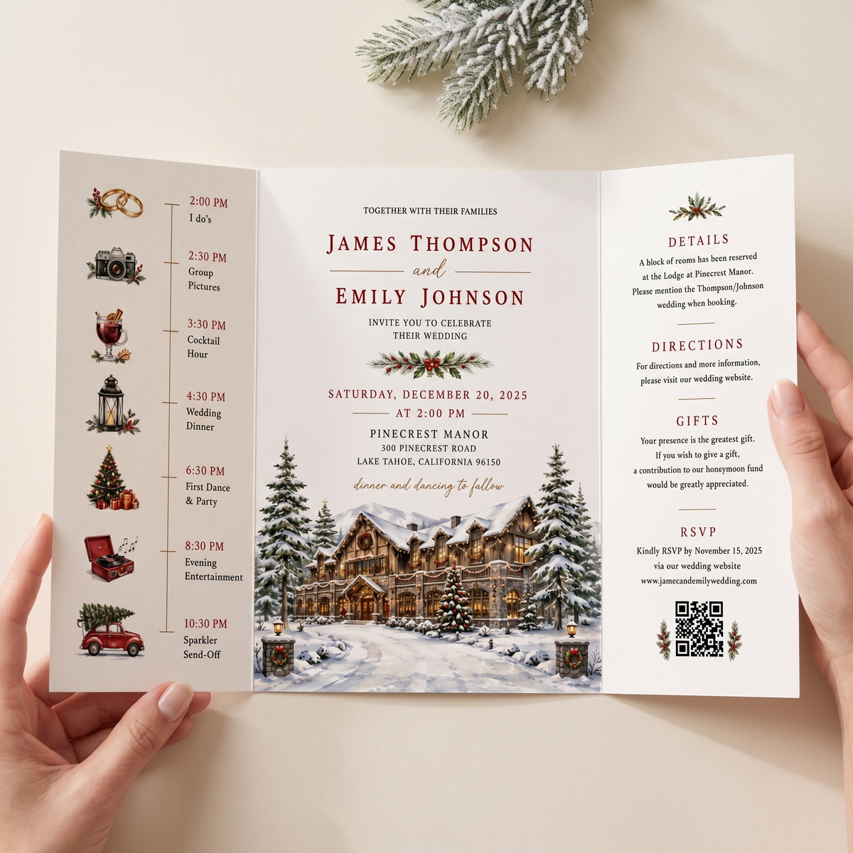 Custom Winter Wedding Invitations, Snowy Venue Illustration, Christmas Wedding Invitation Suite, Personalized Luxury Wedding Stationery
