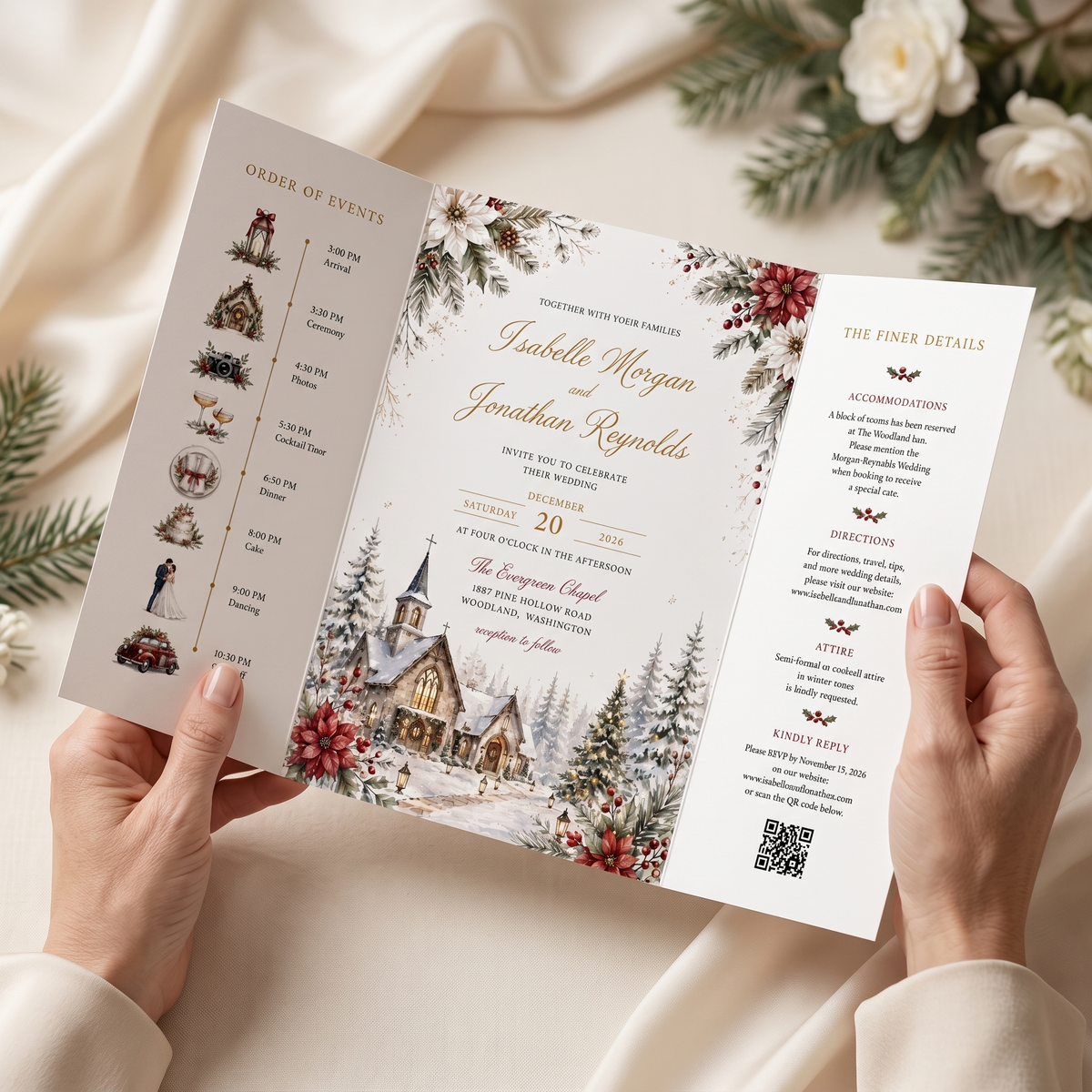 Custom Christmas Wedding Invitations, Winter Church Venue Illustration, Holiday Wedding Invitation Suite, Personalized Luxury Stationery