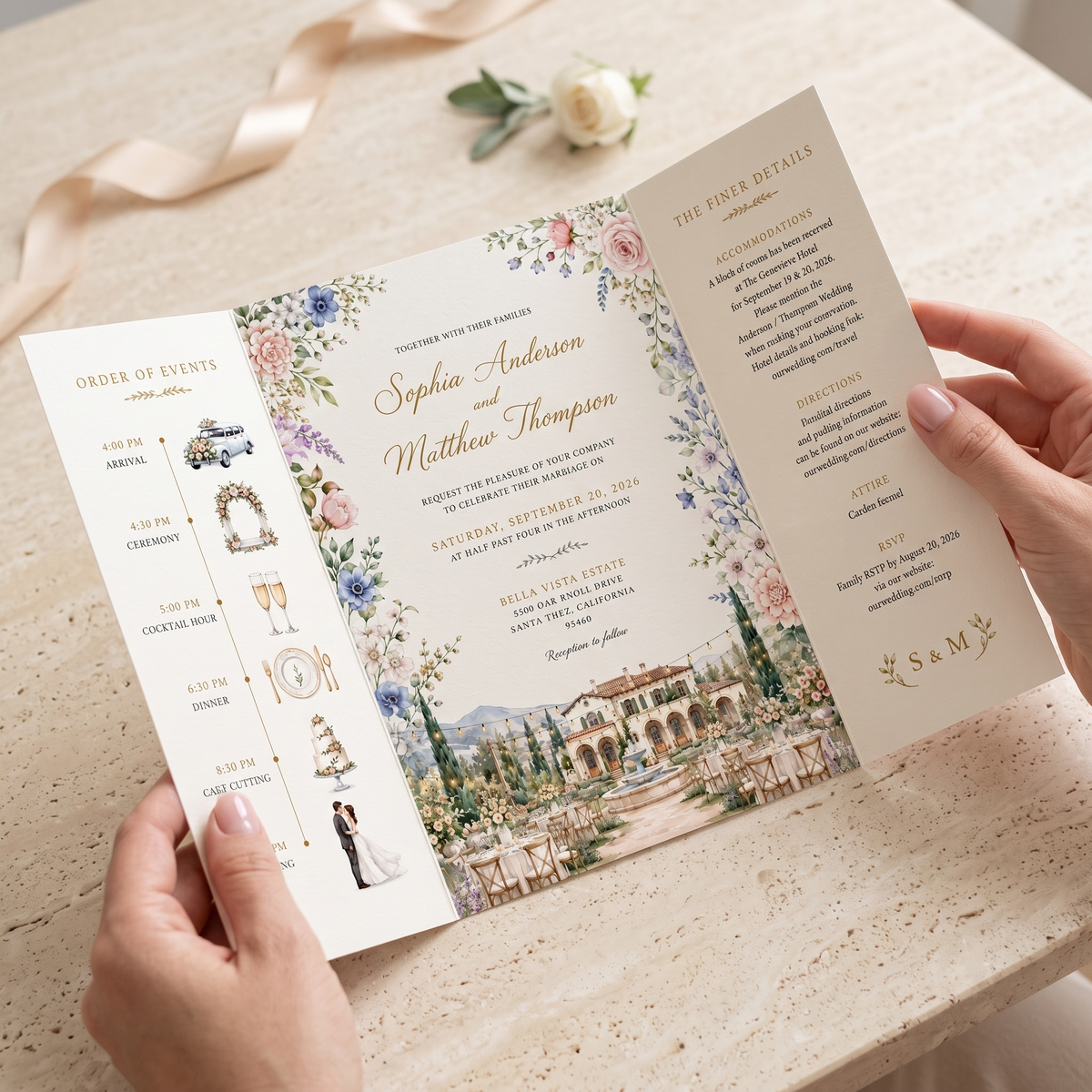 Watercolor Villa Wedding Invitations, Elegant Garden Wedding Invitation Suite, Personalized Floral Wedding Invites, Luxury Destination Wedding