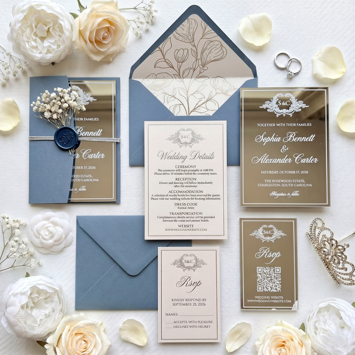 Elegant Silver Mirror Acrylic Wedding Invitation, Personalized Wedding Invite with Dusty Blue Envelope, RSVP QR Card & Details Card