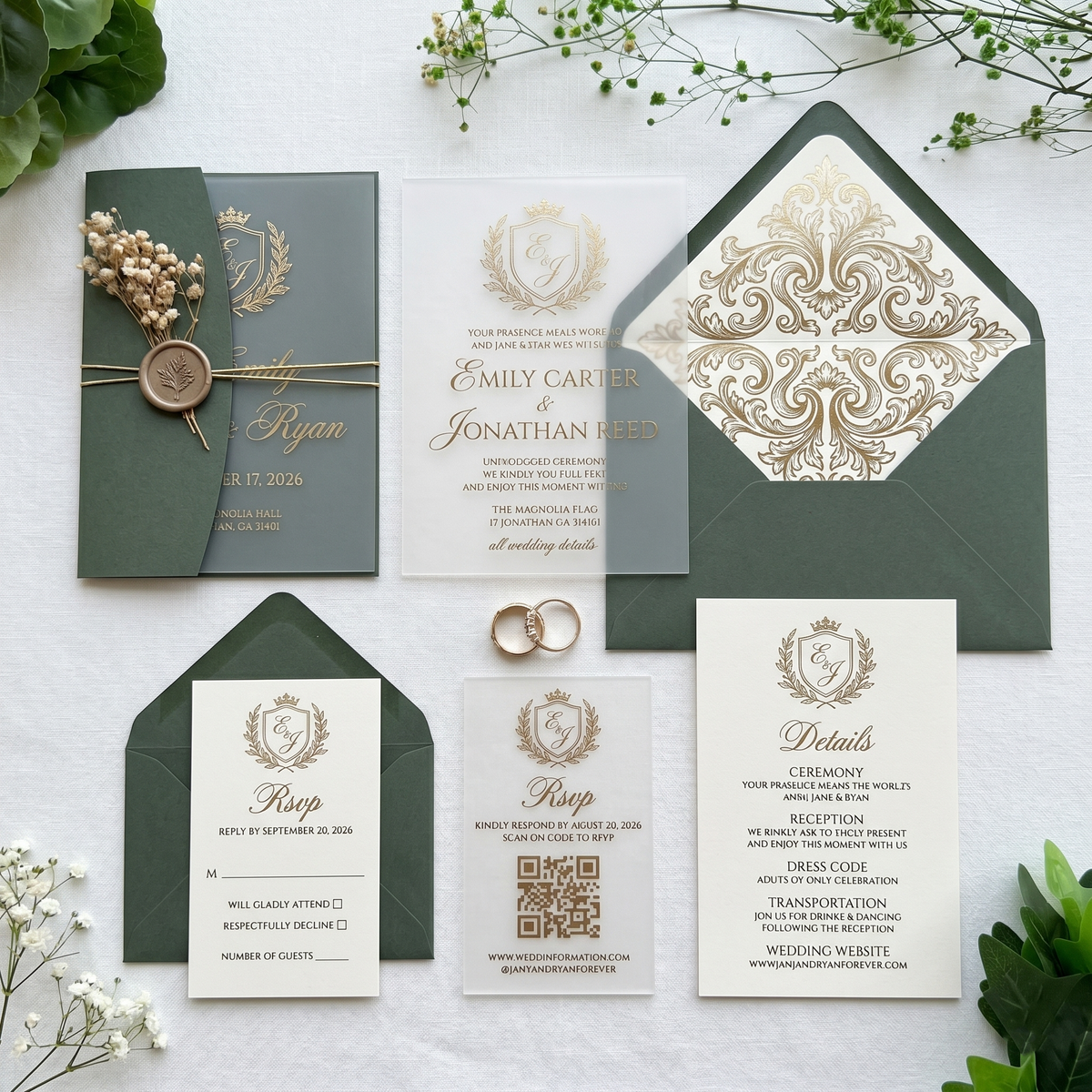 Minimalist Frosted Acrylic Wedding Invitation, Modern Custom Wedding Invite with QR RSVP, Wax Seal & Envelope, Elegant Green Wedding Stationer