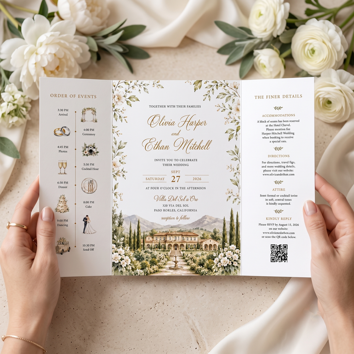 Custom Italian Villa Wedding Invitations, Watercolor Venue Illustration, Elegant Floral Wedding Invitation Suite, Luxury Personalized Stationery