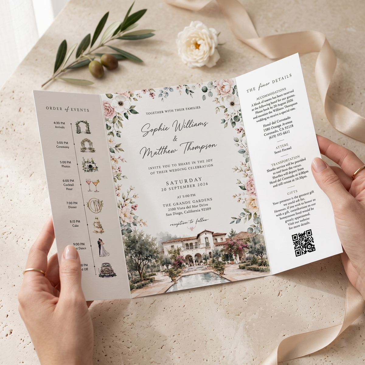 Custom Garden Wedding Invitations, Watercolor Venue Illustration, Floral Wedding Invitation Suite, Personalized Luxury Wedding Stationery