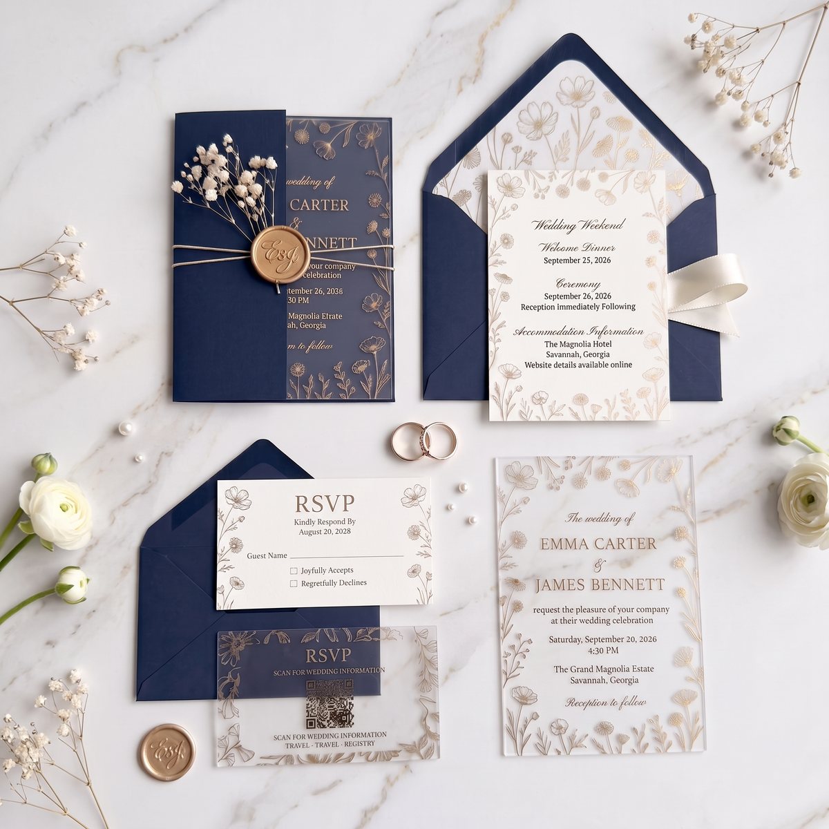 Luxury Clear Acrylic Wedding Invitation Suite, Personalized Gold Floral Wedding Invite with Navy Blue Envelope, RSVP & QR Code Card