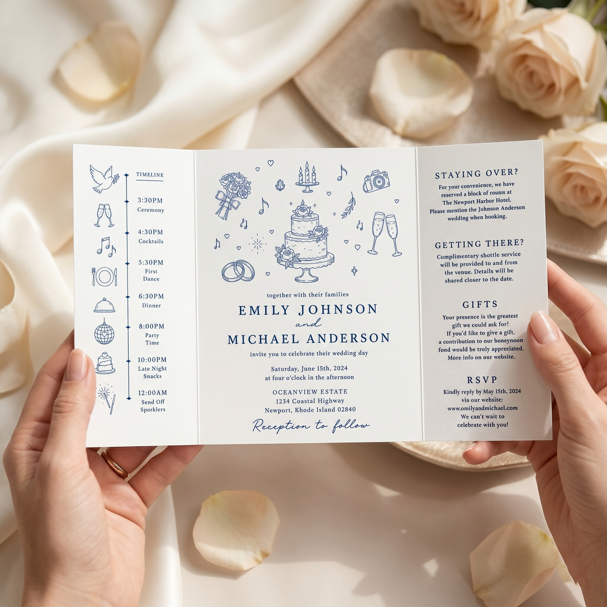 Personalized Blue Wedding Invitation Suite | Elegant Illustrated Wedding Invitations with Custom Details & RSVP