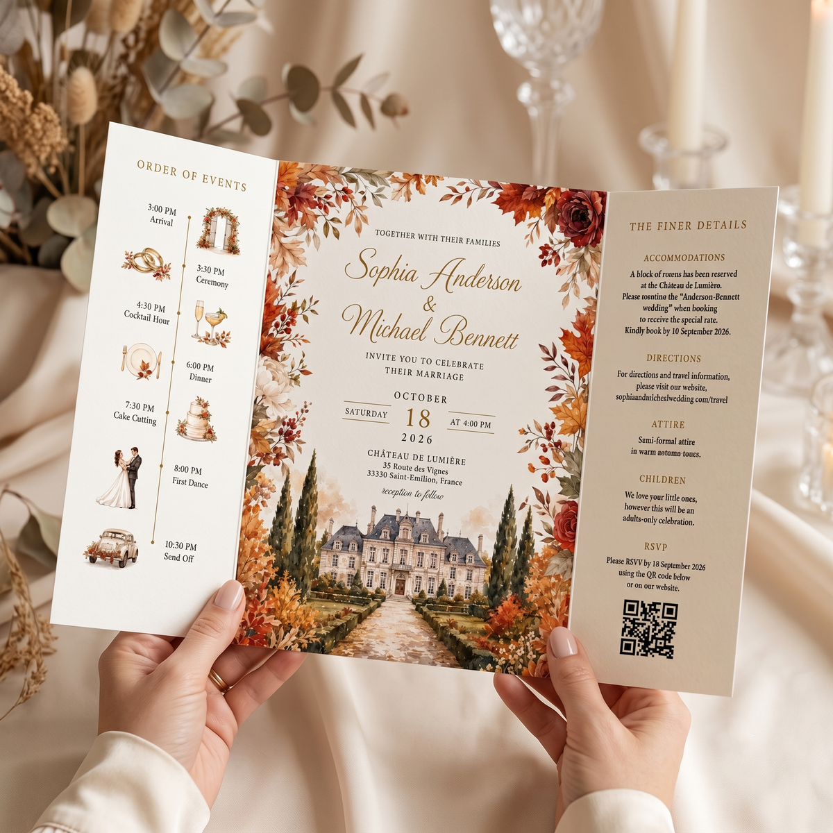 Personalized Autumn Chateau Wedding Invitations, Fall Floral Wedding Invitation Suite, Custom Venue Illustration, RSVP QR Code