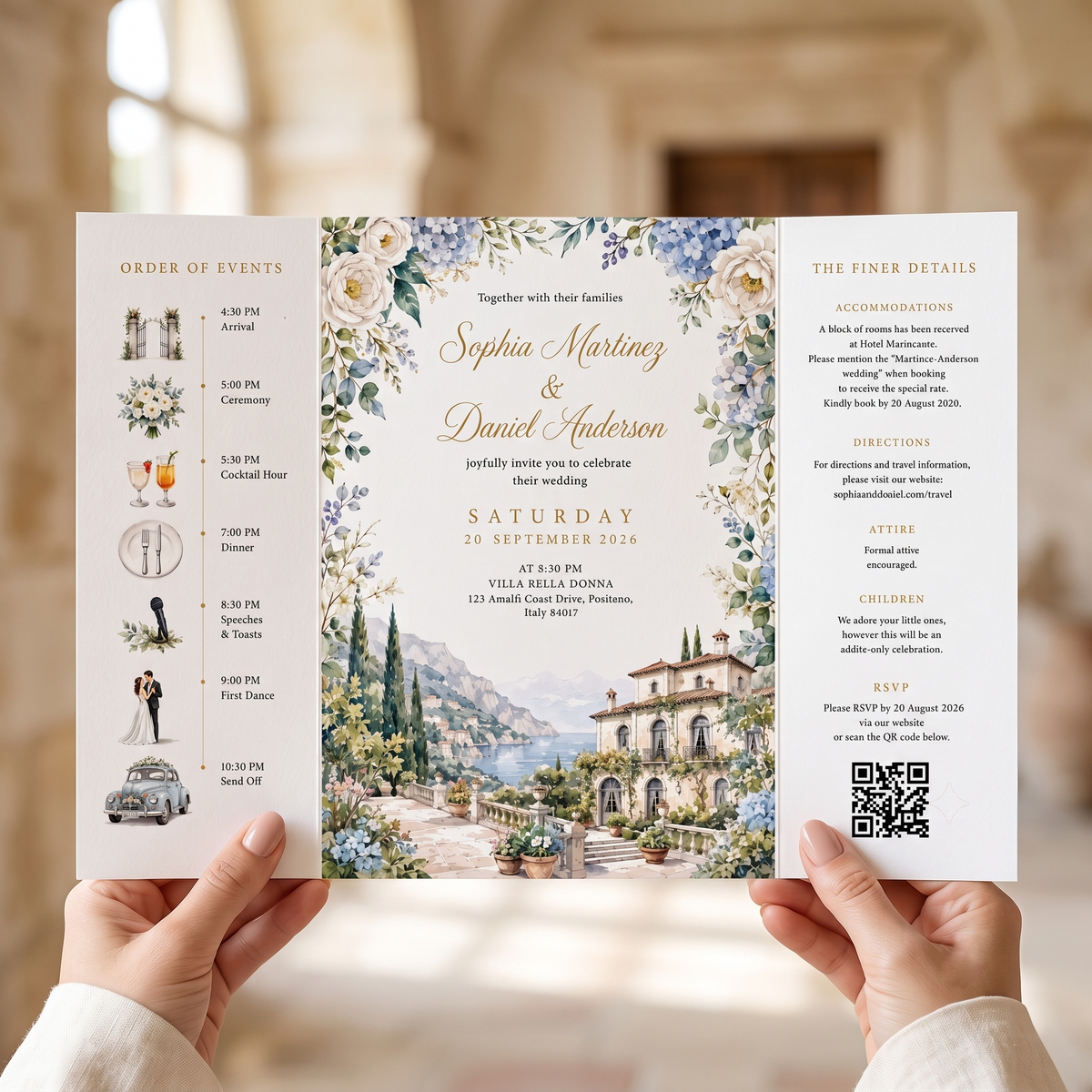 Watercolor Italian Wedding Invitations, Personalized Venue, Luxury Floral Wedding Invitation Suite