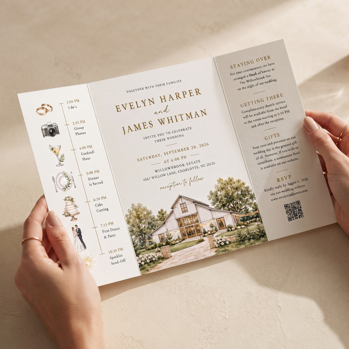 Personalized Rustic Barn Wedding Invitations, Watercolor Venue Illustration, Elegant Wedding Invitation Suite, Custom RSVP & Details Card