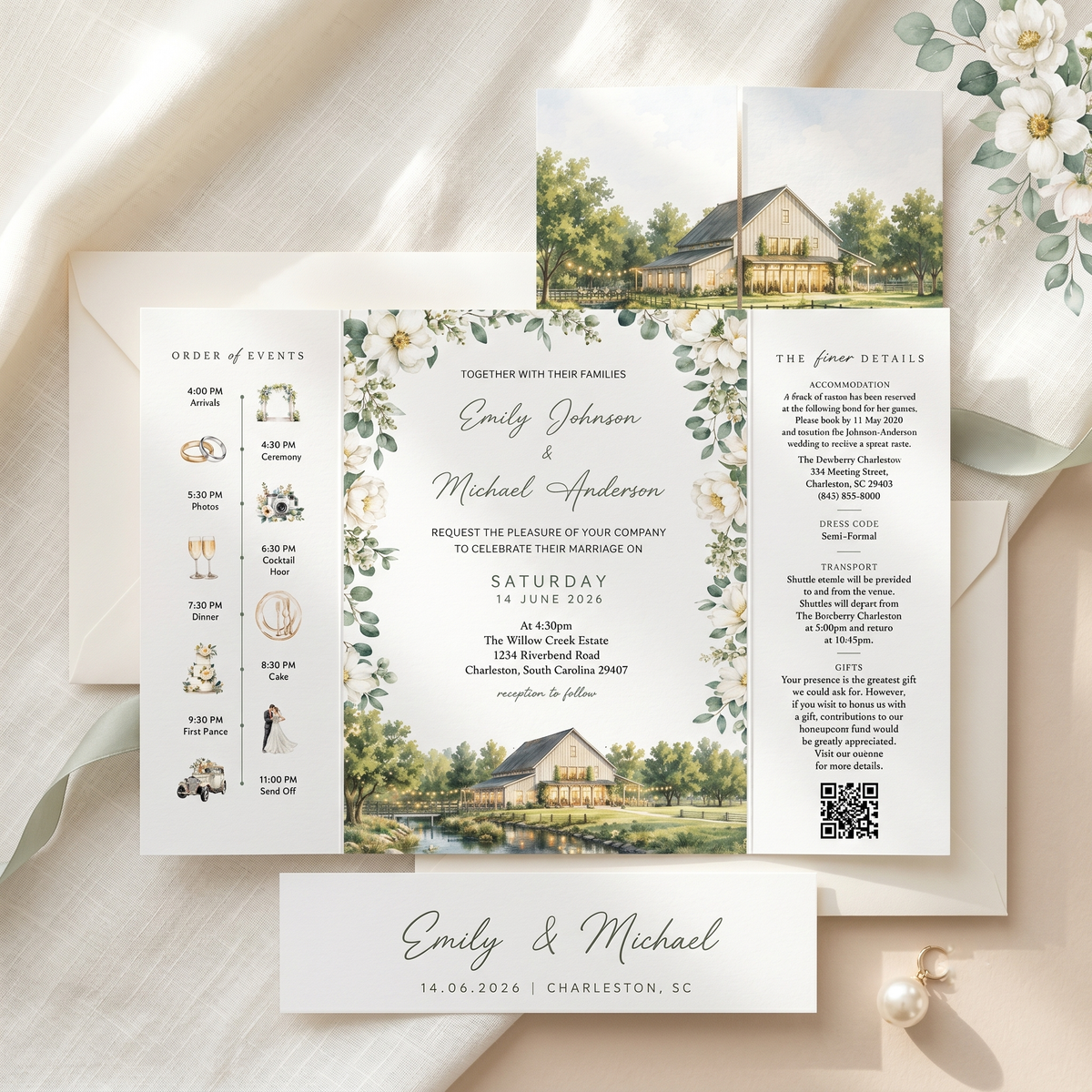 Custom Wedding Invitation Suite with Venue Illustration | Personalized Romantic Wedding Invitations & Details Card