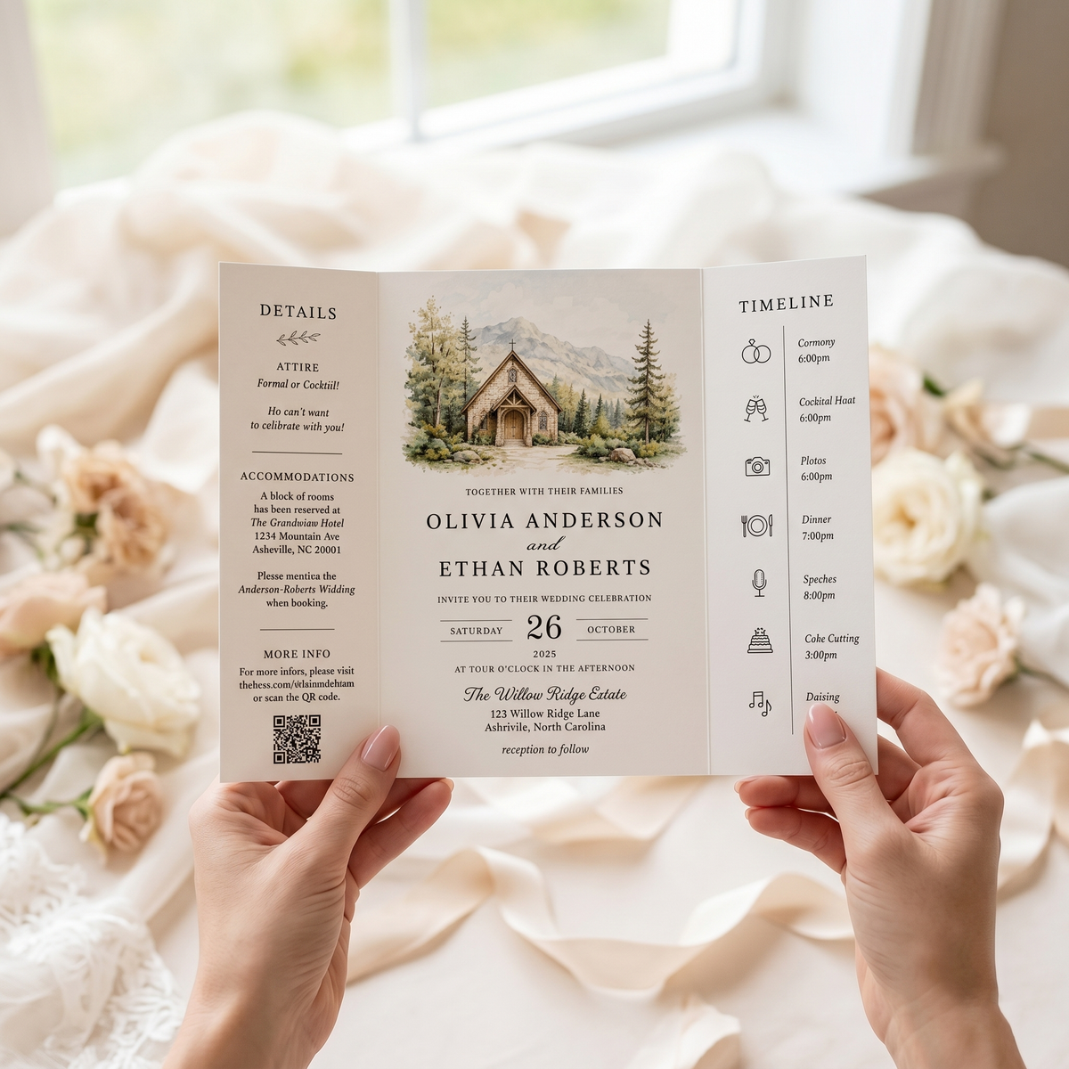Personalized Wedding Invitation, Custom Venue Watercolor Illustration, Rustic Wedding Invitation Suite