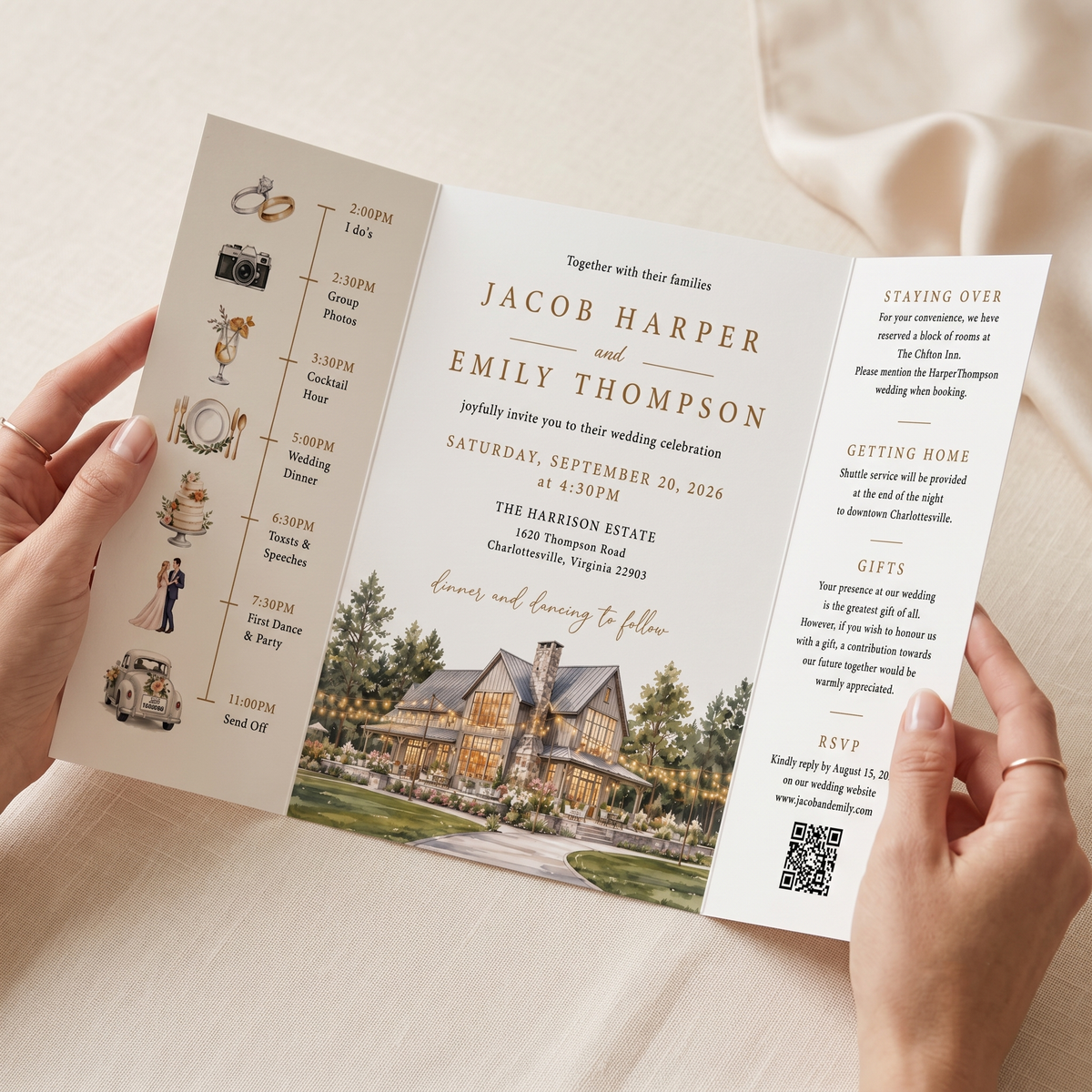 Personalized Rustic Barn Wedding Invitations, Watercolor Venue Illustration, Elegant Farmhouse Wedding Invitation Suite, Custom RSVP & Details Card
