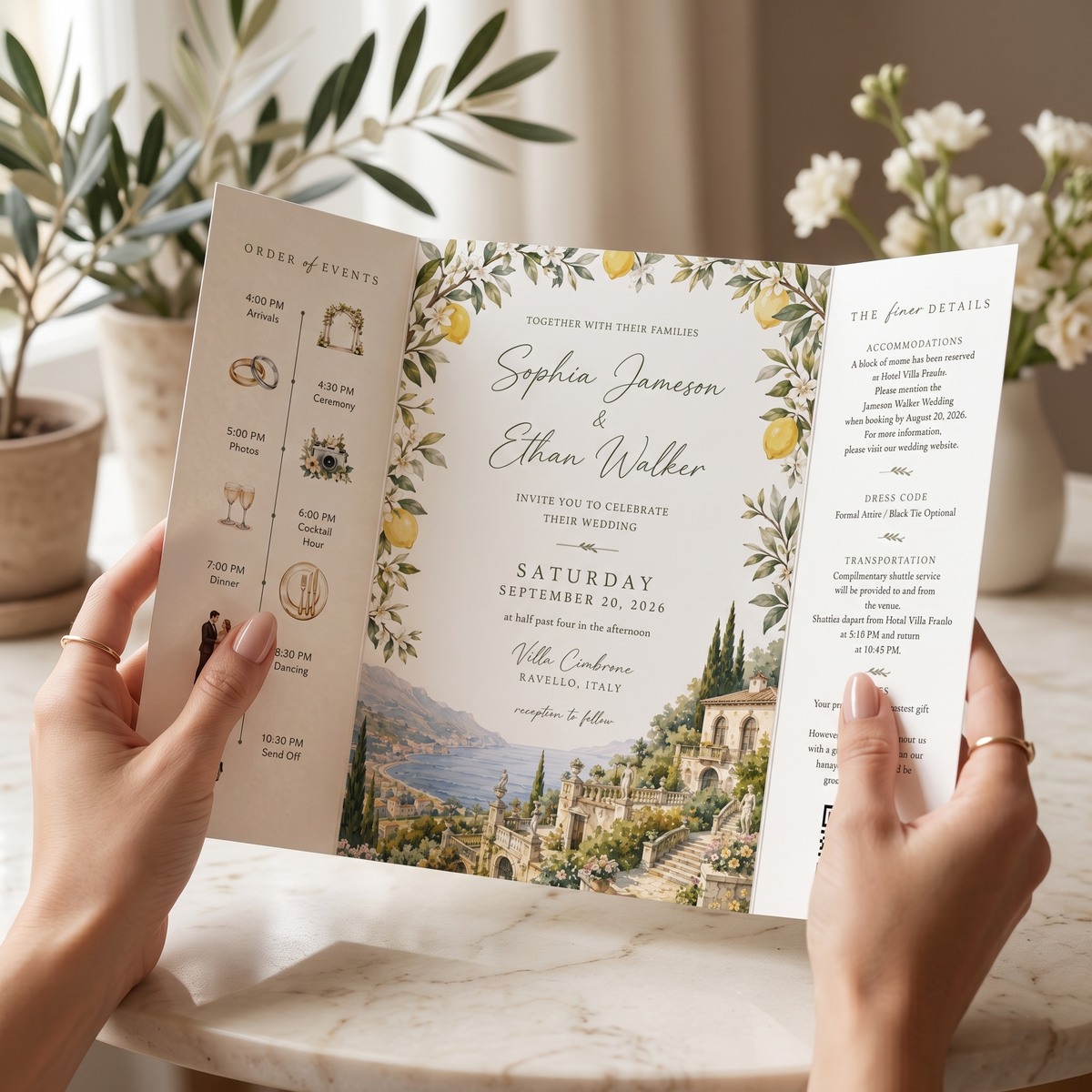 Custom Italian Wedding Invitations, Amalfi Coast Venue Illustration, Lemon Floral Wedding Invitation Suite, Luxury Personalized Stationery