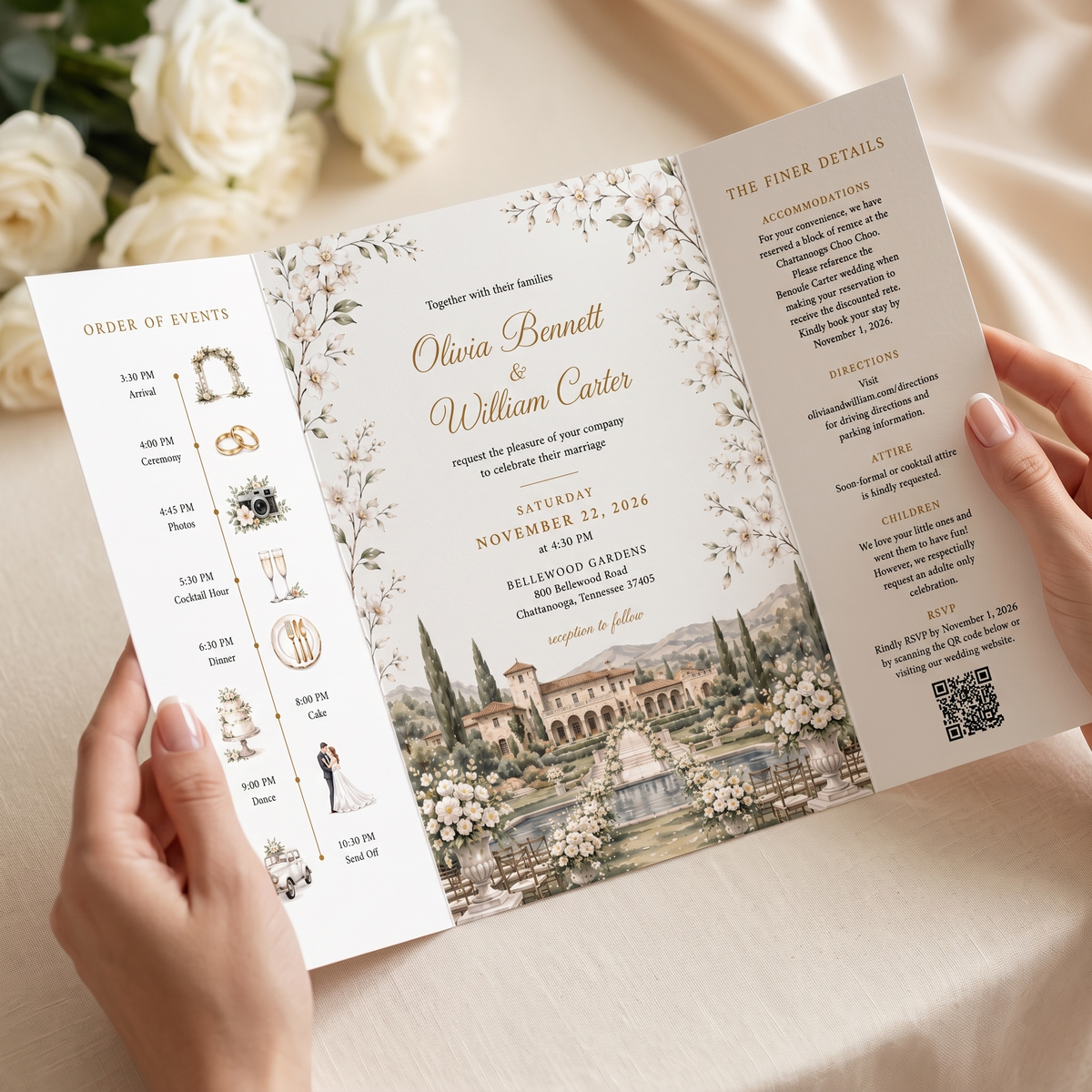 Custom Garden Wedding Invitations, Watercolor Venue Illustration, Elegant Floral Wedding Invitation Suite, Personalized Luxury Stationery
